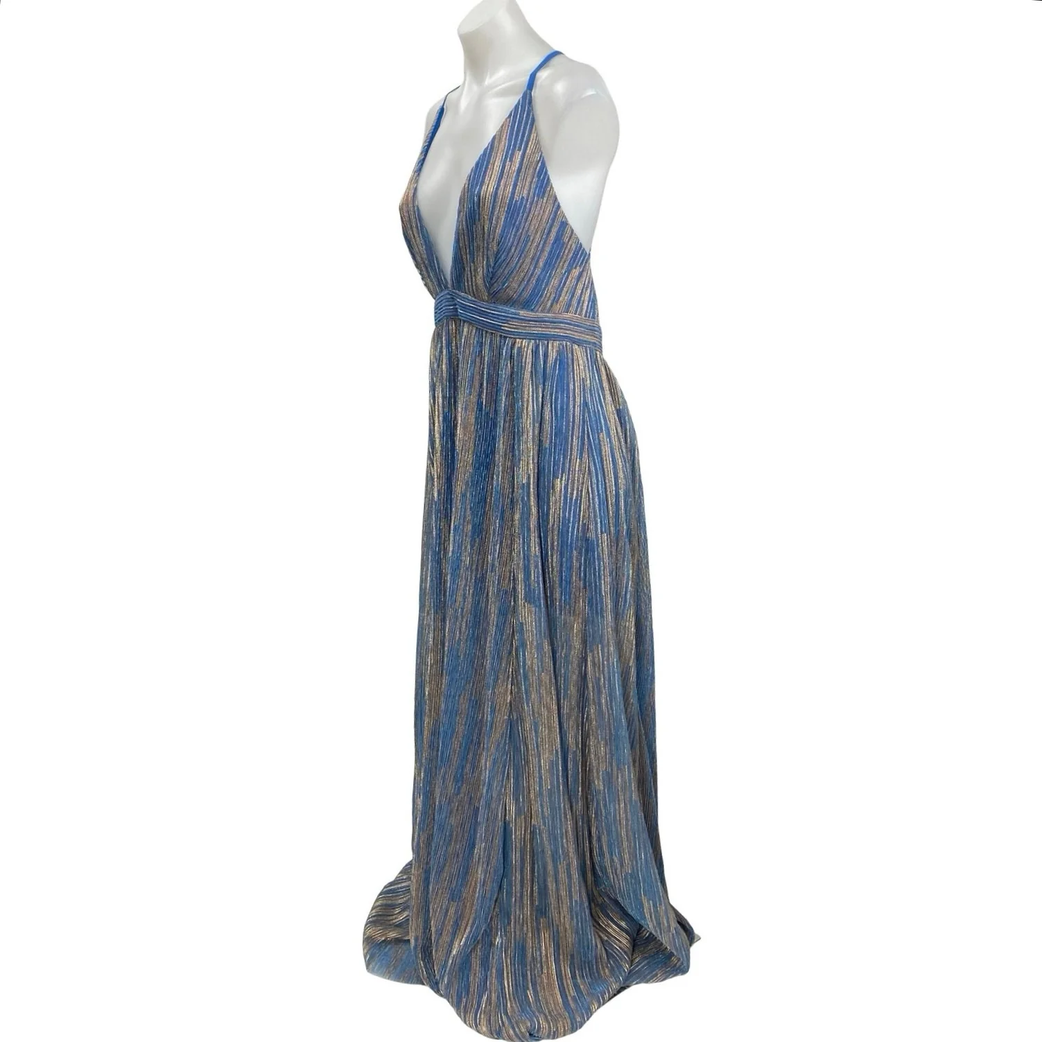 Fashion Nova Goddess Vibes Blue Metallic Mesh Sleeveless Maxi A-Line Dress Sz M - Image 2