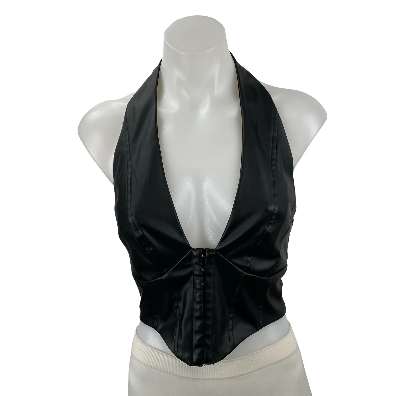 Fashion Nova Nemy Women's Black Faux Vegan Leather Corset Crop Halter Tank Top M