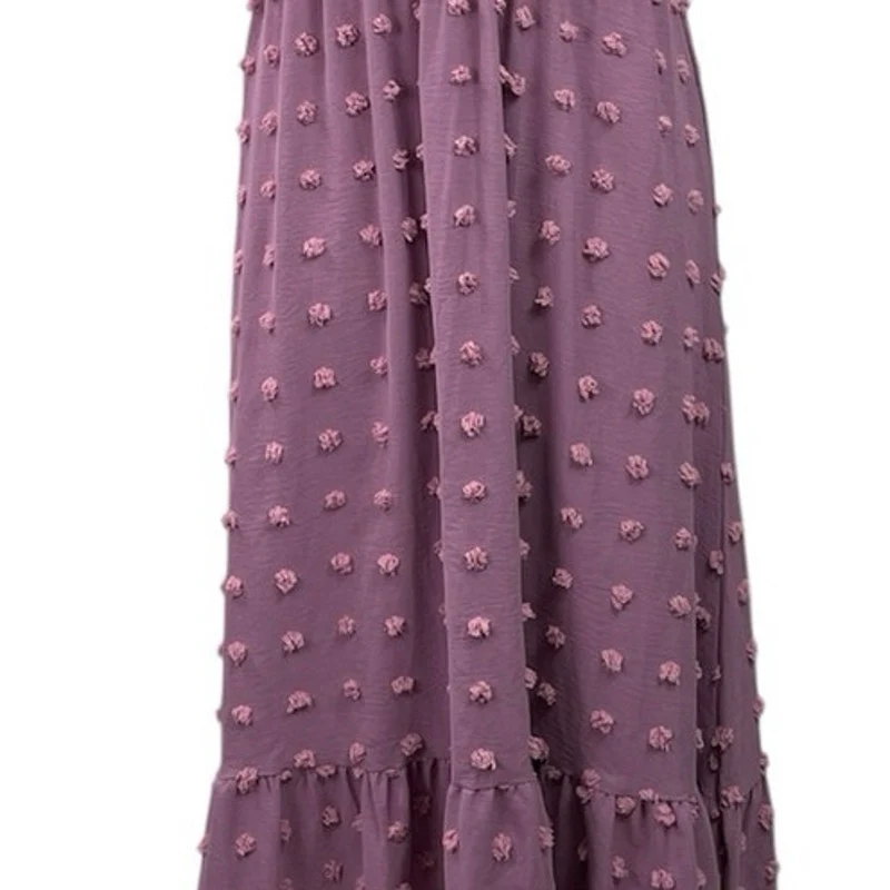 Fashion Women's Purple Short Flutter Sleeve V Neck Swiss Dot Maxi Dress Size M - Image 2