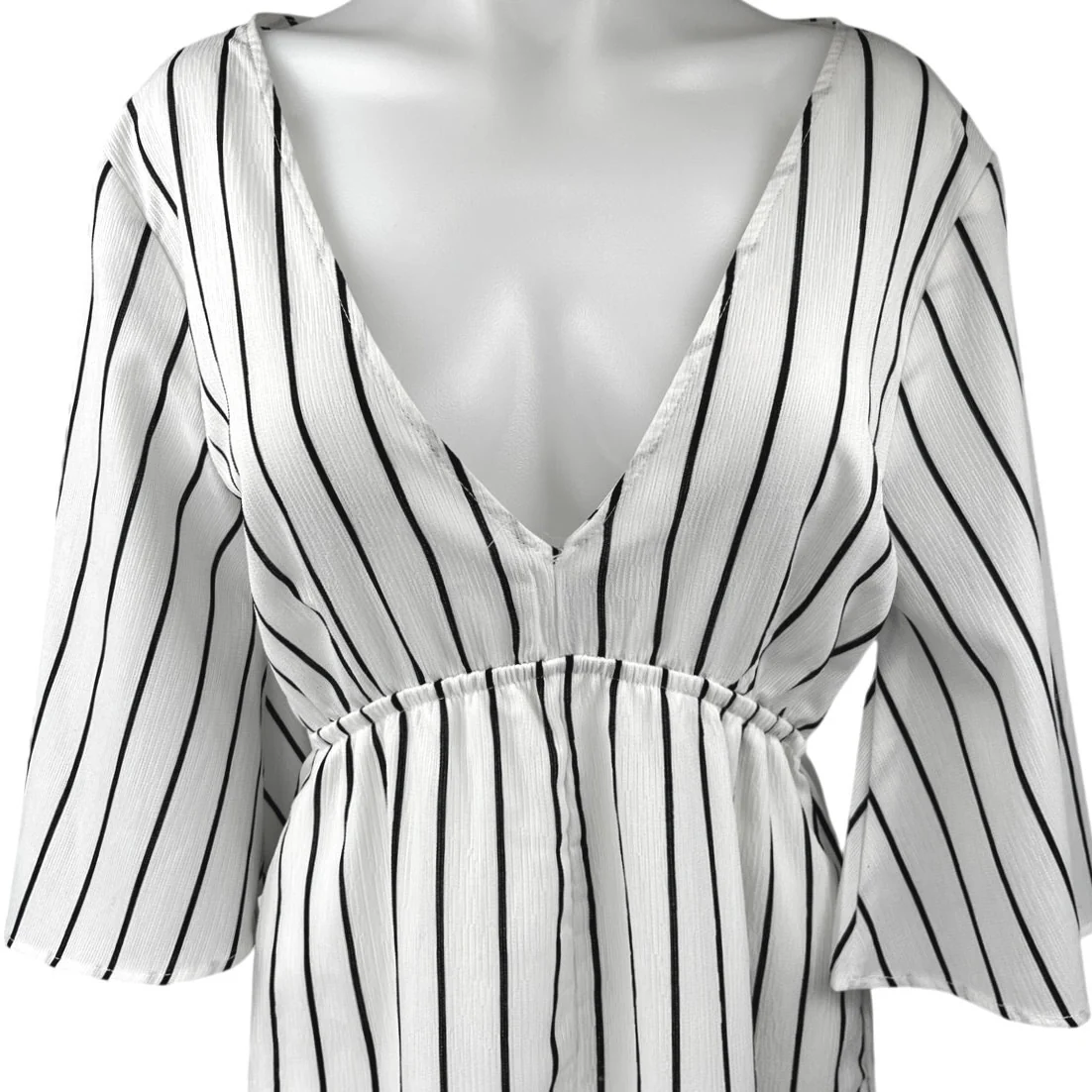 FAVLUX White Black Striped Half Bell Sleeve Deep V Neck Romper Shorts Size M - Image 3