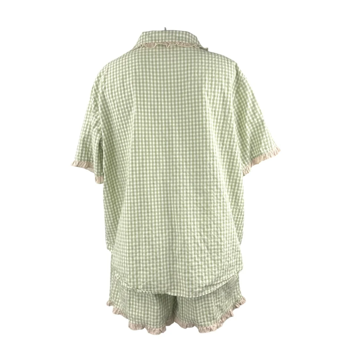 Fiarady Green Gingham Check Ruffle Button Up Shirt Short Sleepwear Pajama Set XL - Image 3