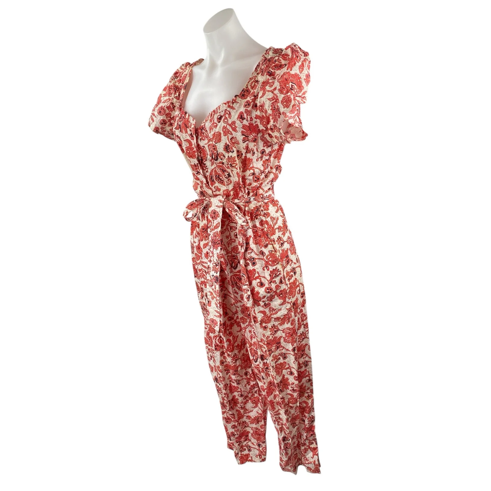 Find Me Now Red Floral Short Puff Sleeve Smocked Tie Waist Crop Jumpsuit Size M - Image 3