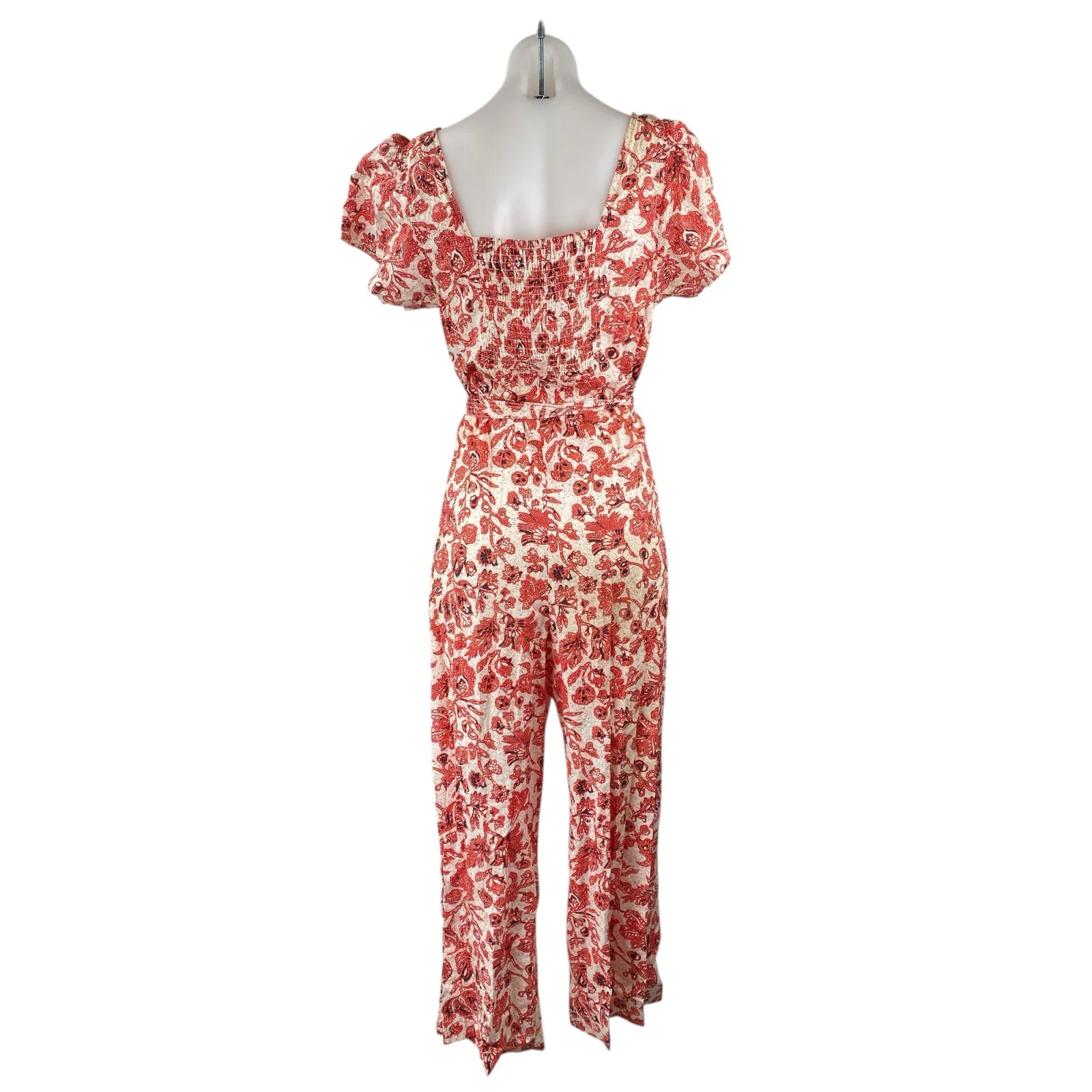 Find Me Now Red Floral Short Puff Sleeve Smocked Tie Waist Crop Jumpsuit Size M - Image 4