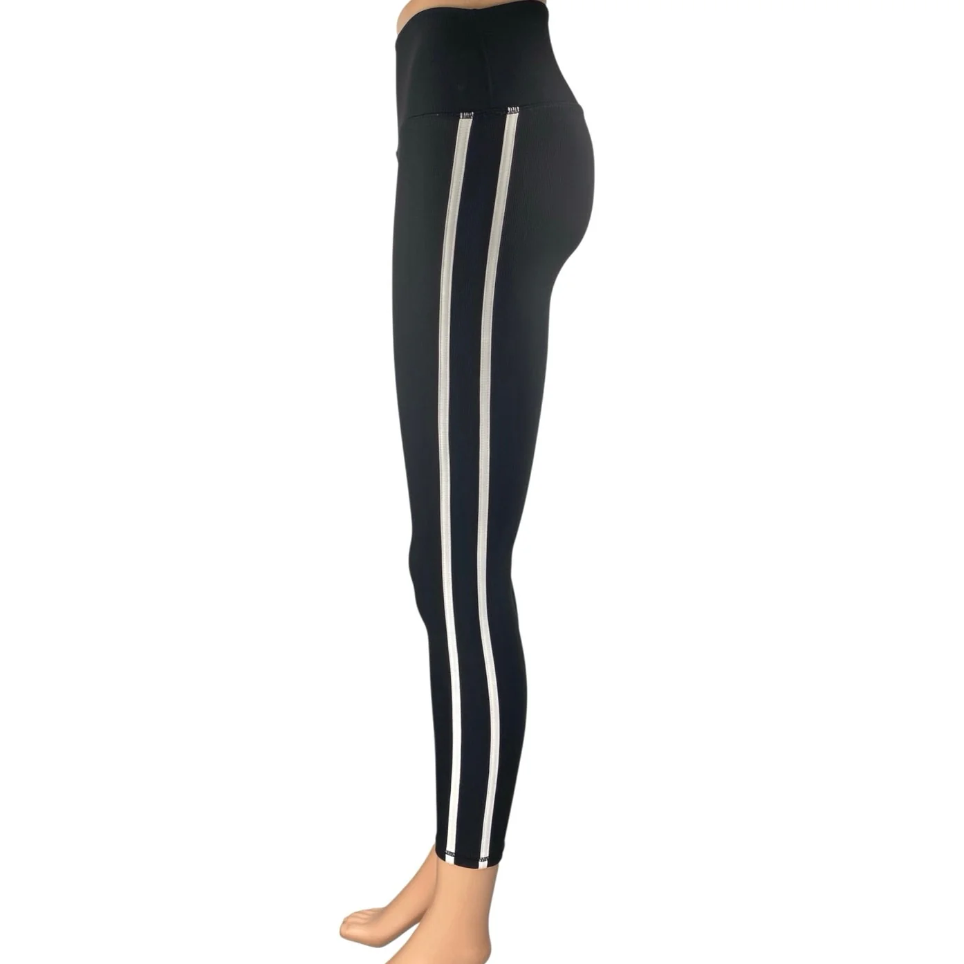 First Division Black White Side Stripe Ribbed Knit Mid Rise Leggings Pants Sz XS - Image 2