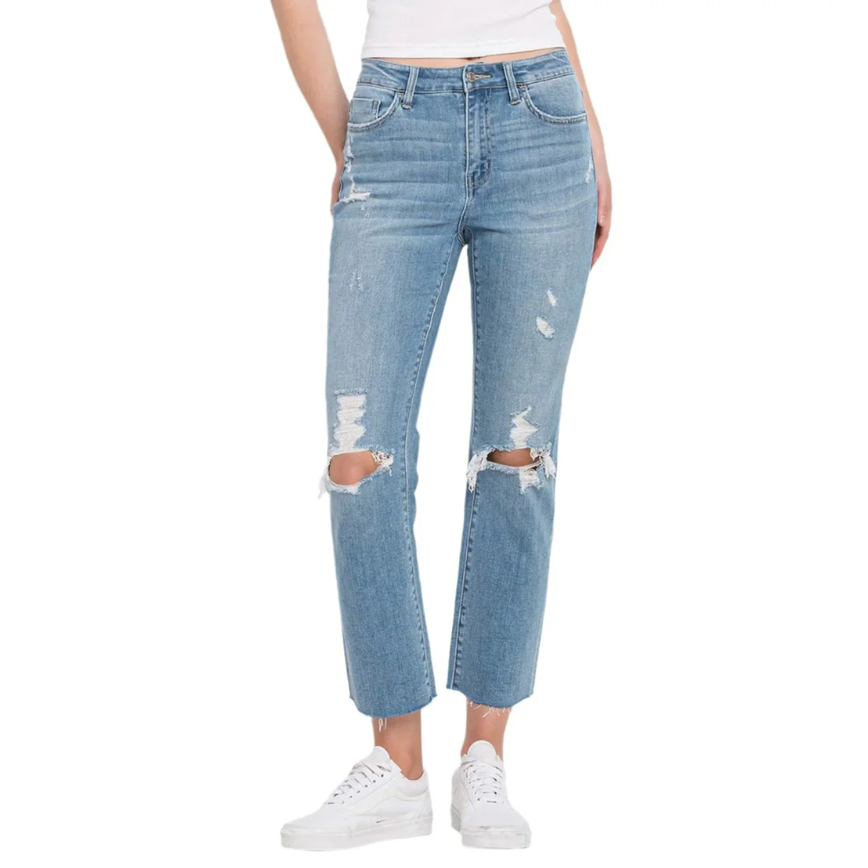 Flying Monkey Women's Blue Distressed Raw Hem Crop Straight Denim Jeans Size 26 - Image 5