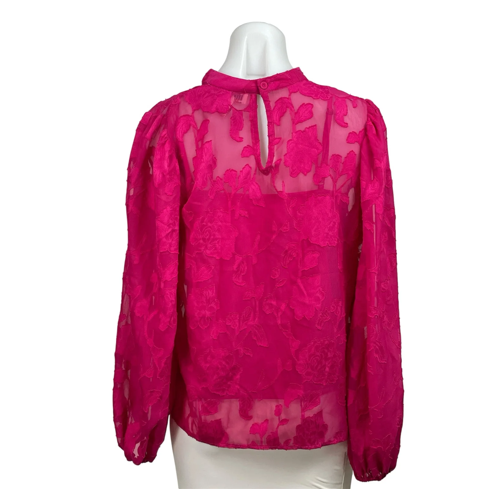 Flying Tomato Women's Pink Long Sleeve Floral Lace Sheer Mock Neck Blouse Top S - Image 3