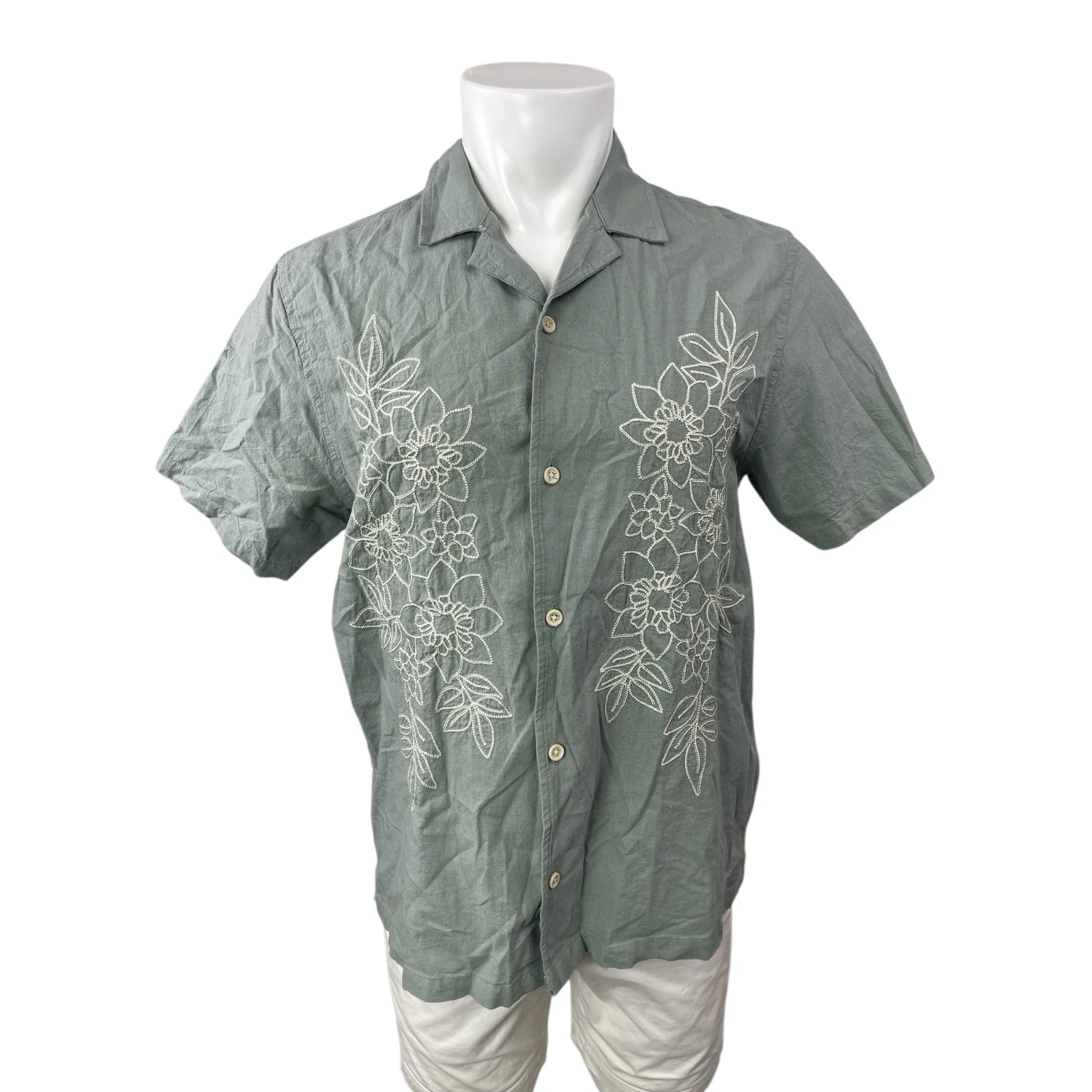 Folk Men's Green Linen Lace Floral Short Sleeve Button Down Shirt Top Size M