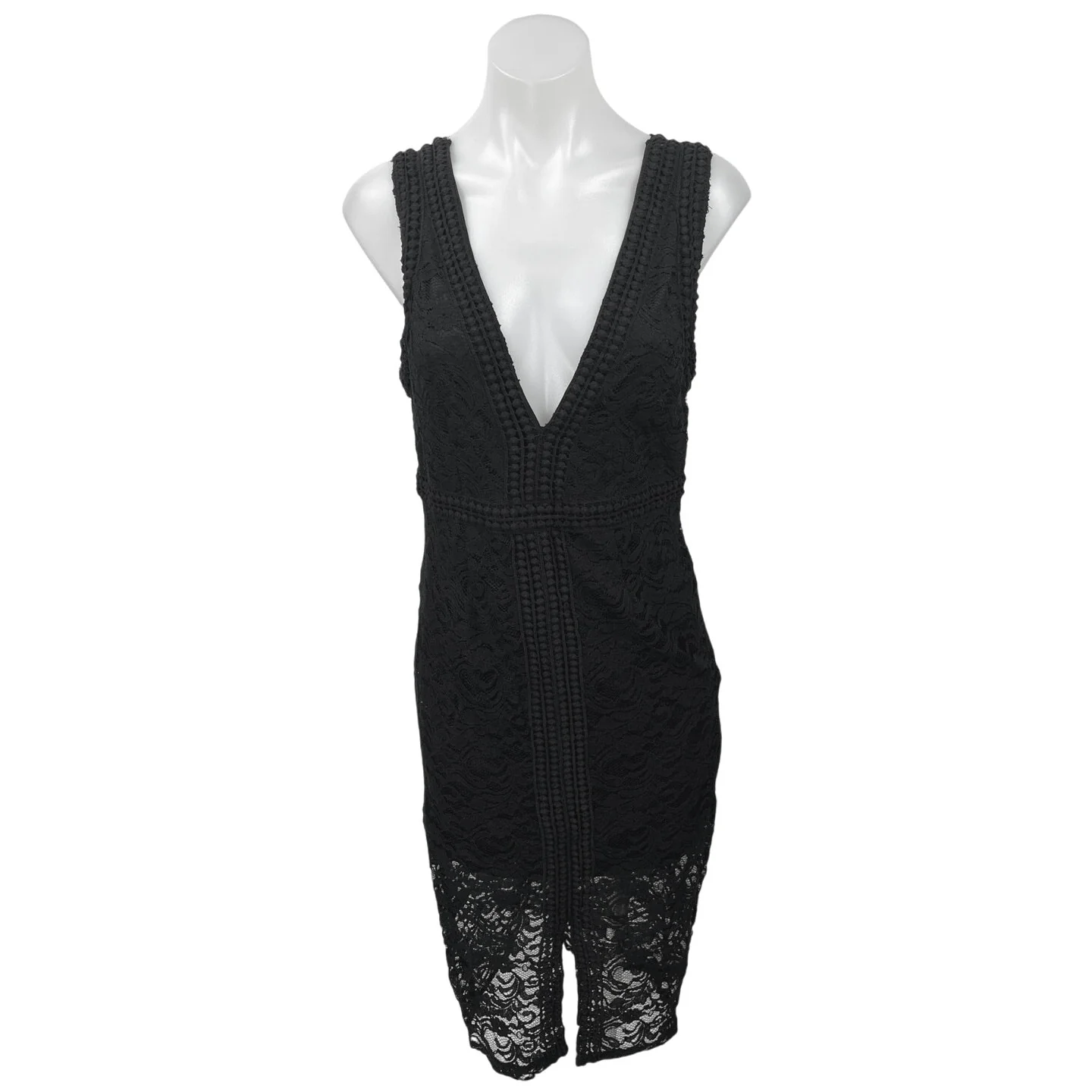 Forever 21 Black Floral Embroidered Lace Plunge V Sleeveless Sheath Midi Dress L