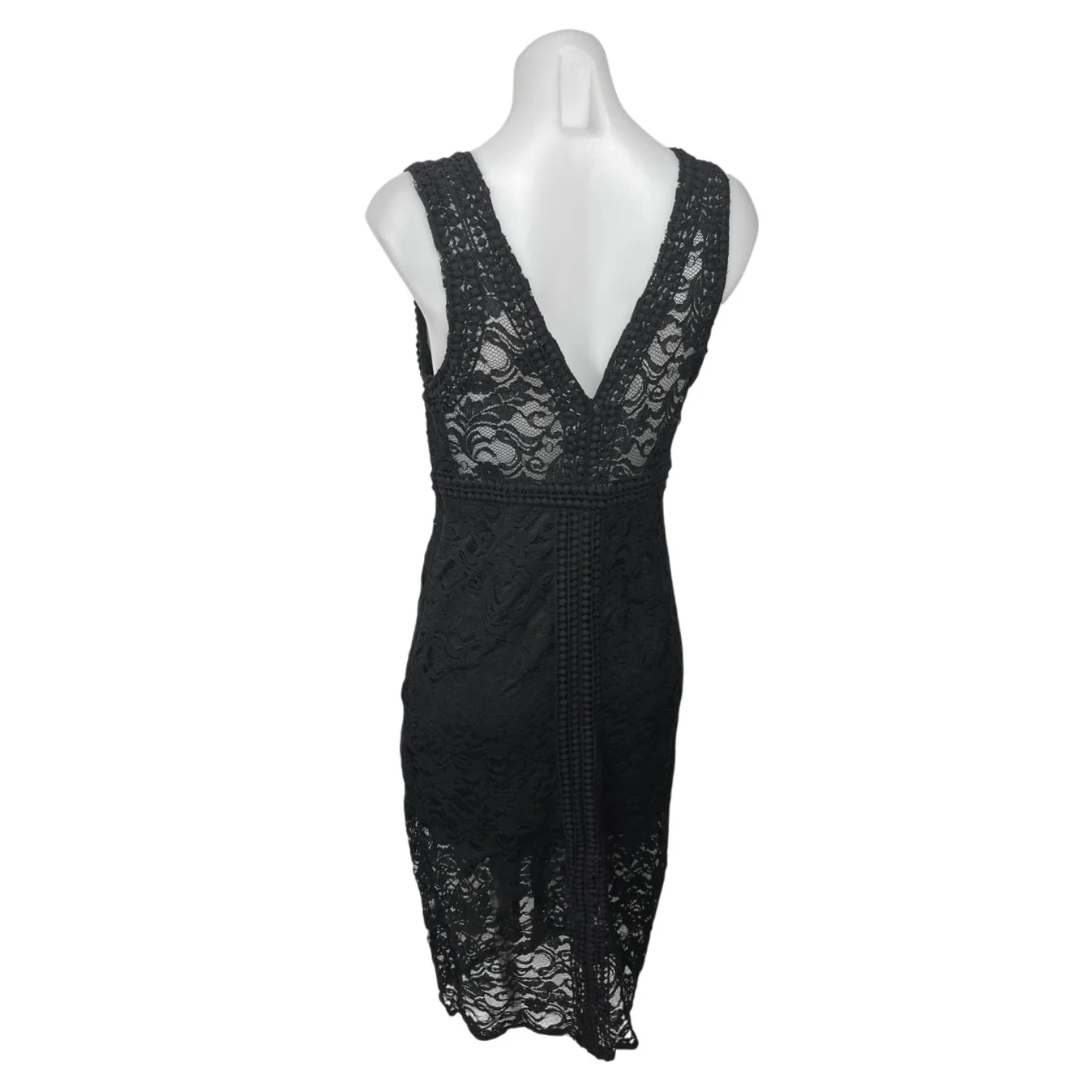 Forever 21 Black Floral Embroidered Lace Plunge V Sleeveless Sheath Midi Dress L - Image 2