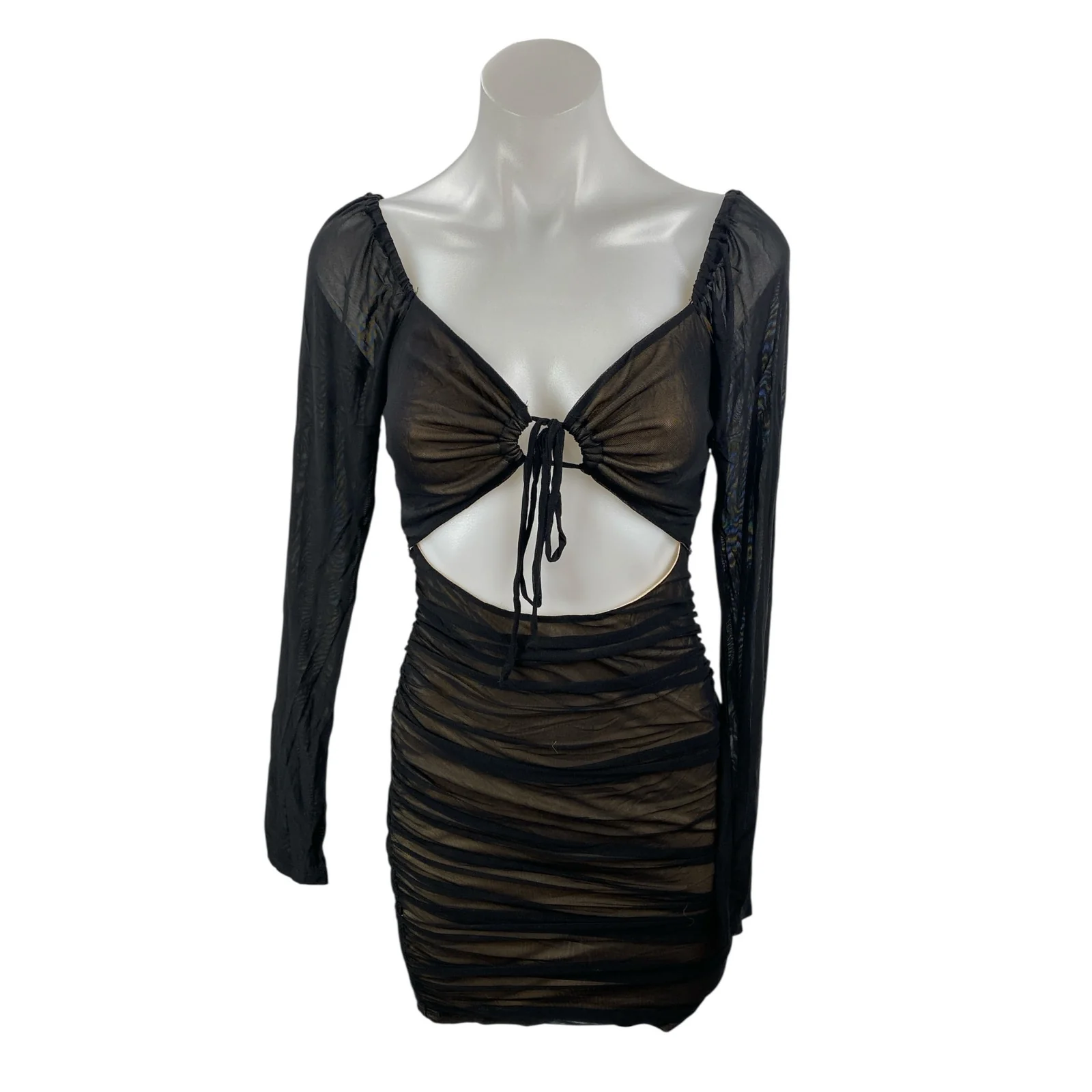 Forever 21 Black Mesh Long Sleeve Tie Knot Cutout Mini Bodycon Dress Size S