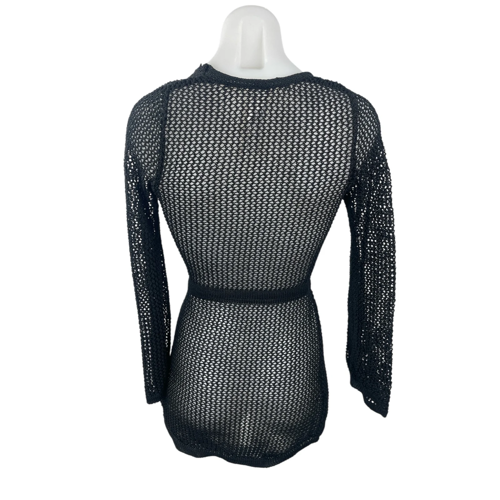 Forever 21 Black Mesh Sheet Long Sleeve Deep V Neck Tie Waist Cover Up Dress S - Image 3