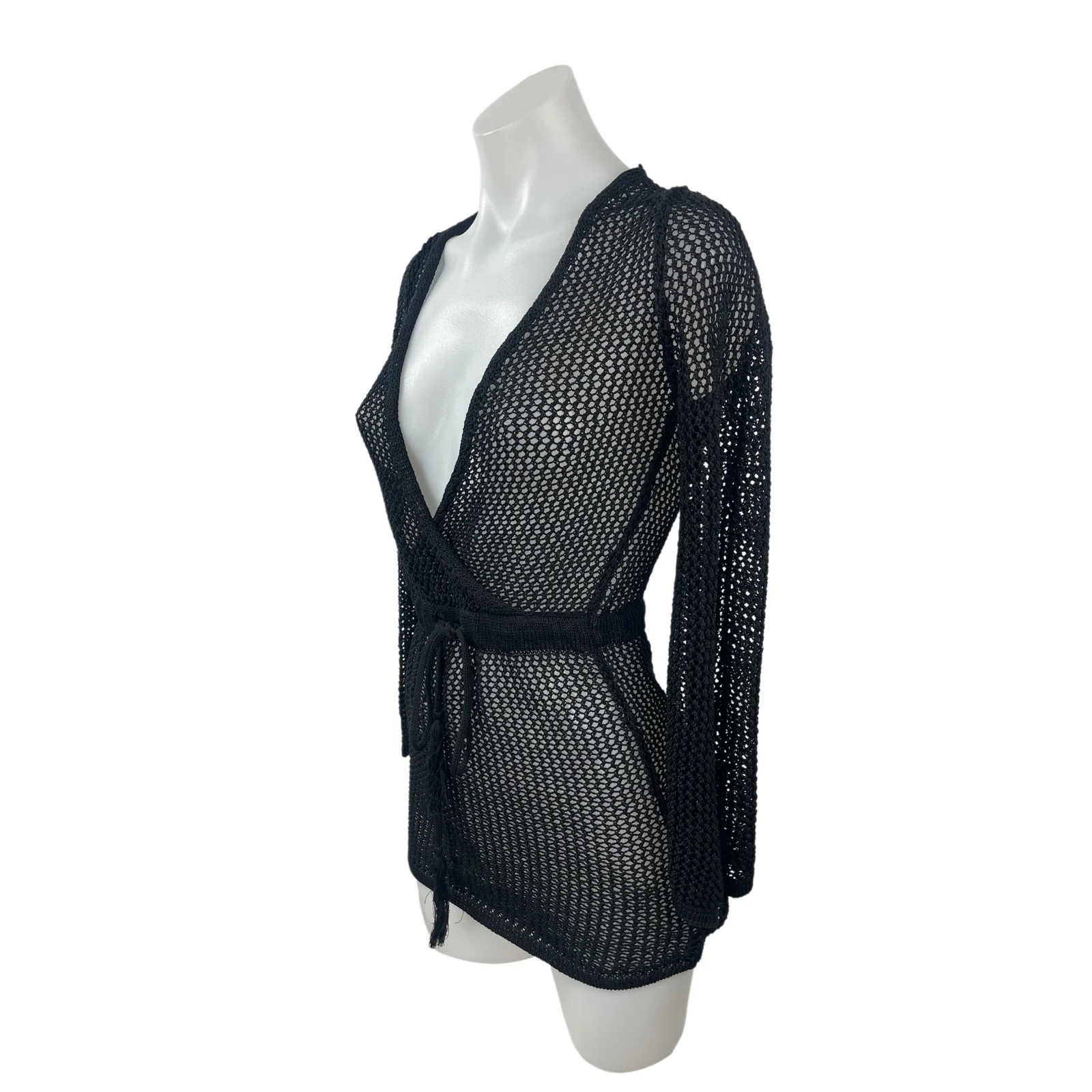 Forever 21 Black Mesh Sheet Long Sleeve Deep V Neck Tie Waist Cover Up Dress S - Image 4