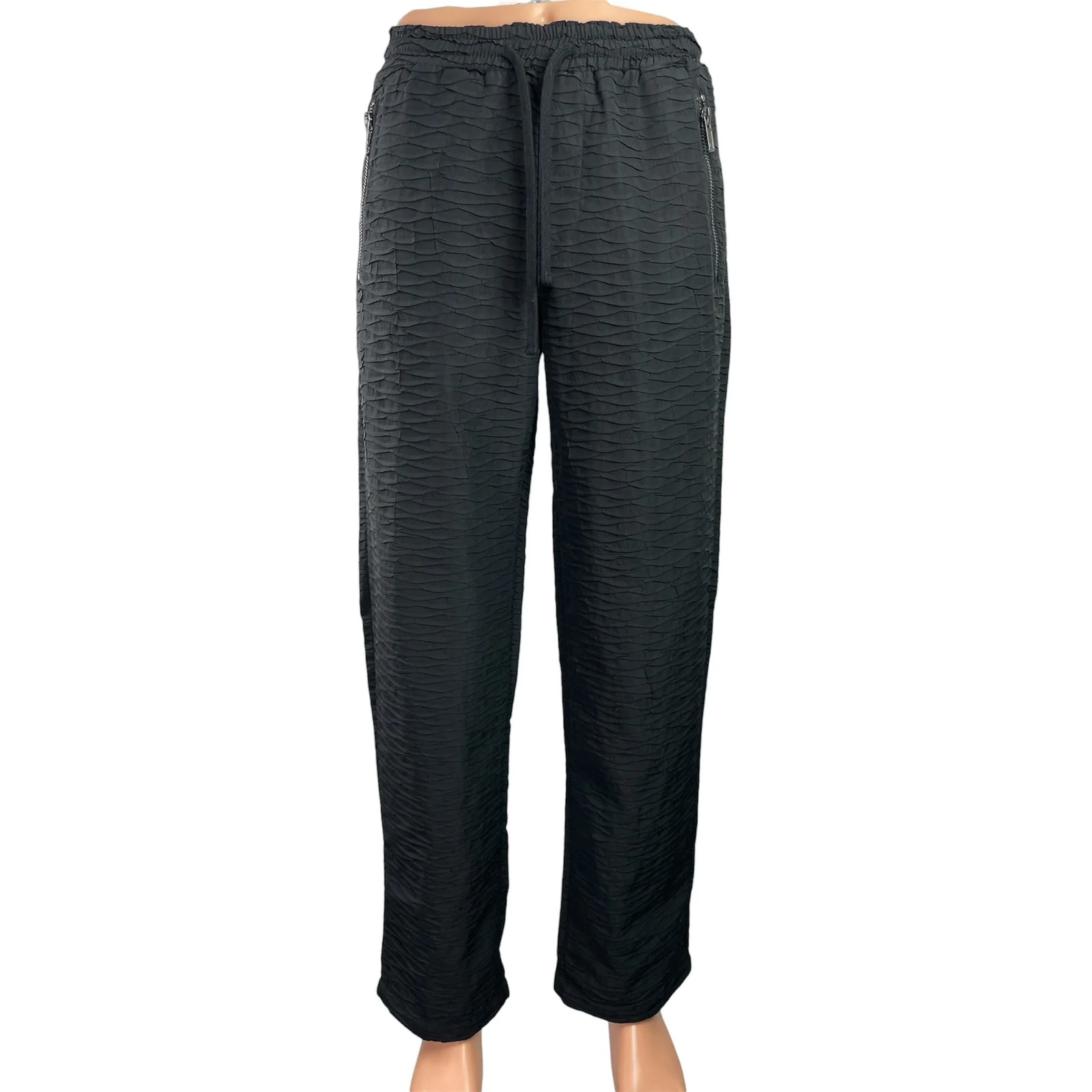 Forever 21 Black Textured Drawstring High Waisted Straight Leg Trousers Pants S
