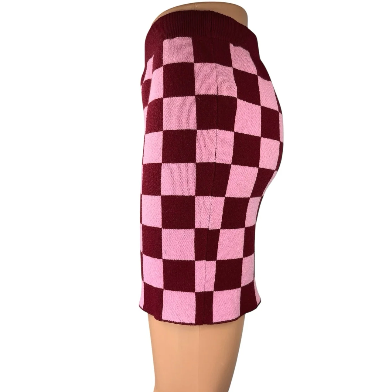 Forever 21 Maroon Pink Checkered Plaid Knitted Mini Pencil Bodycon Skirt Size M - Image 2