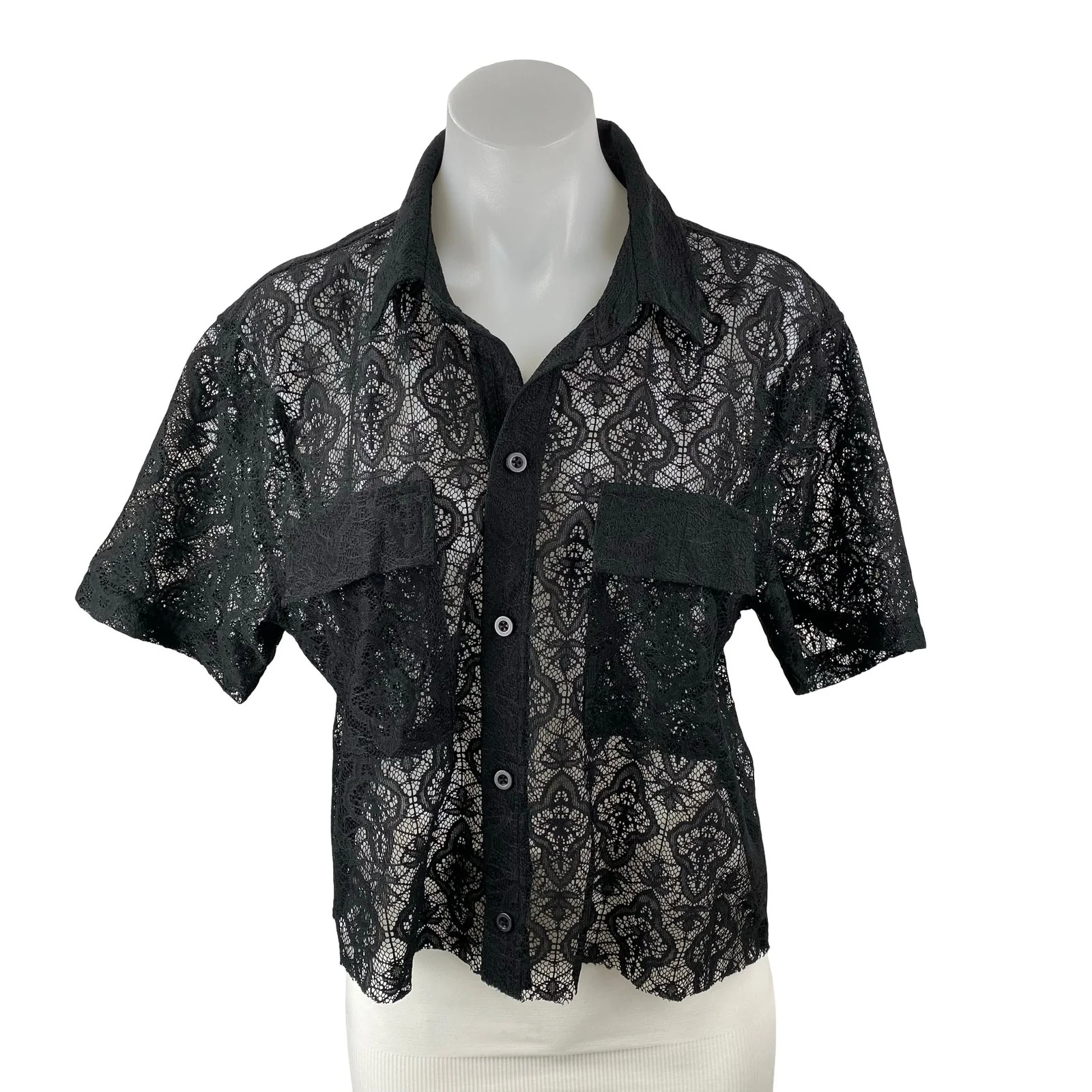 Forever 21 Men's Black Floral Lace Sheer Mesh Short Sleeve Button Up Shirt Top S