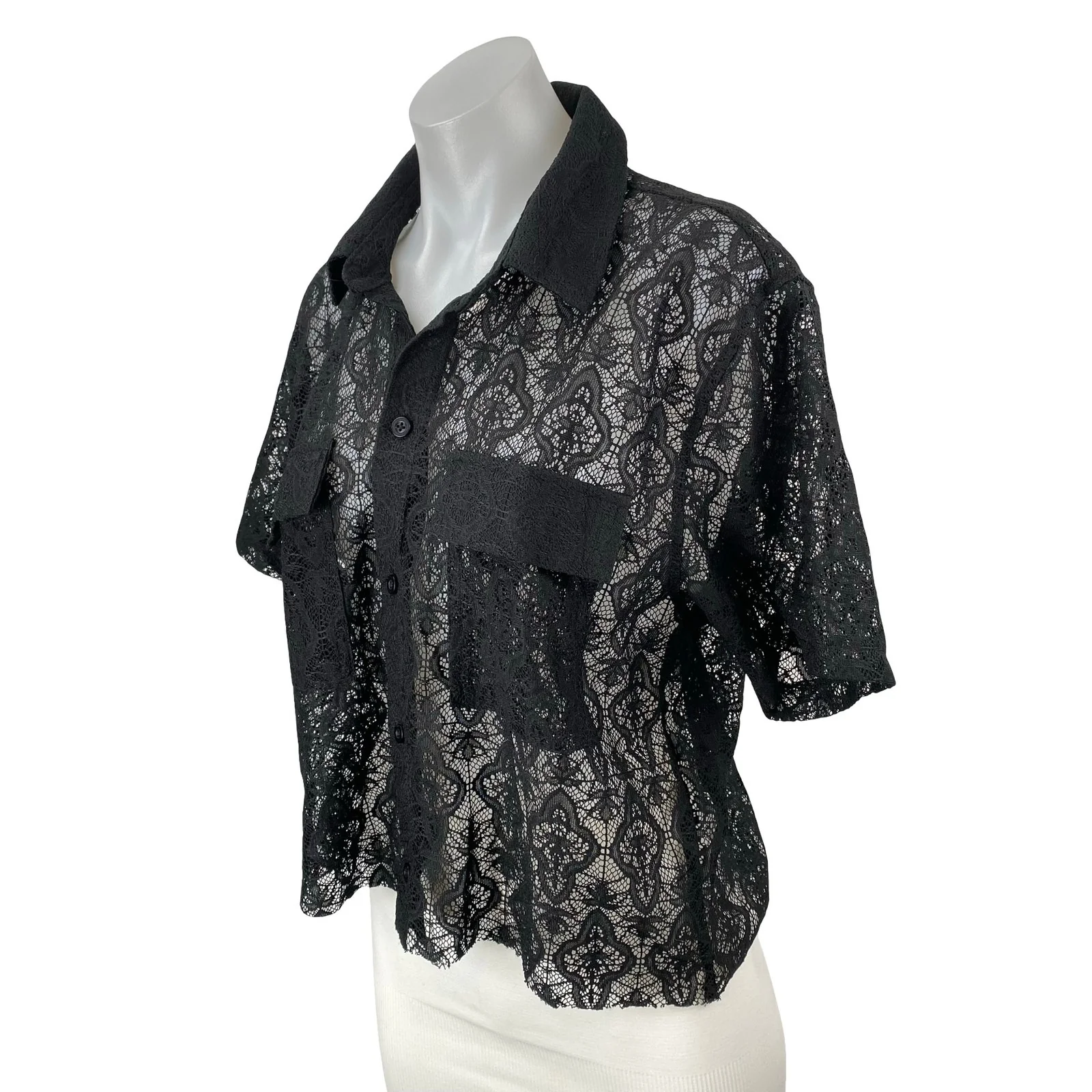 Forever 21 Men's Black Floral Lace Sheer Mesh Short Sleeve Button Up Shirt Top S - Image 2