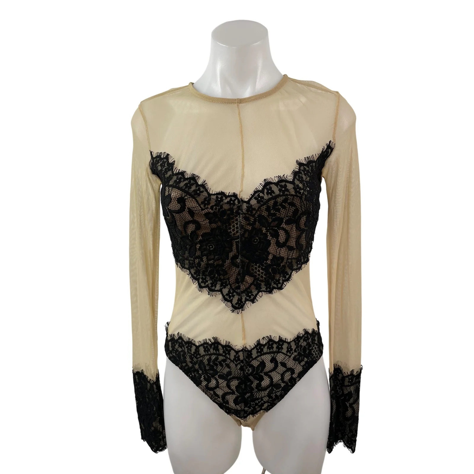 Forever 21 Nude Mesh Sheer Floral Lace Crew  Neck Long Sleeve Bodysuit Top S/M