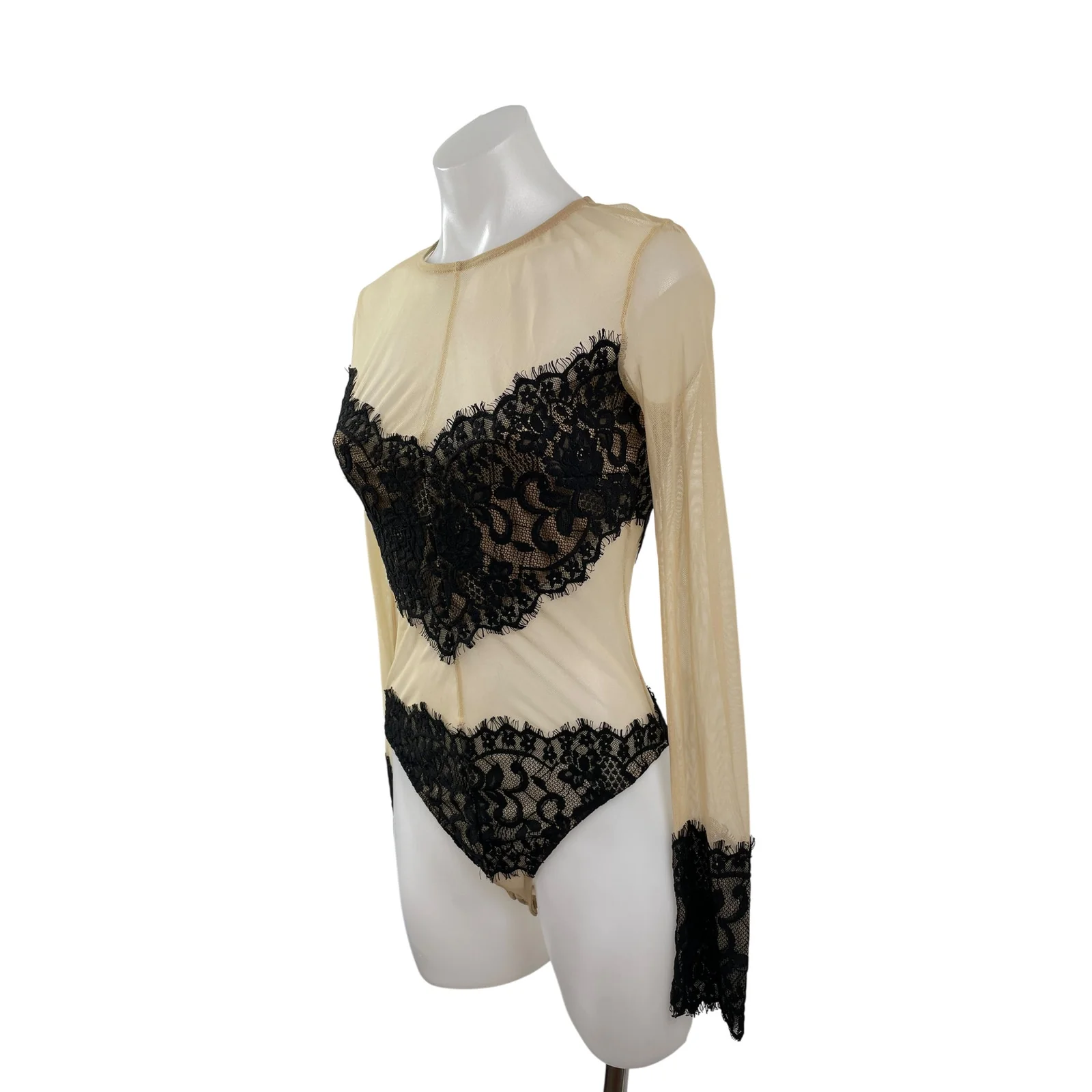 Forever 21 Nude Mesh Sheer Floral Lace Crew  Neck Long Sleeve Bodysuit Top S/M - Image 2