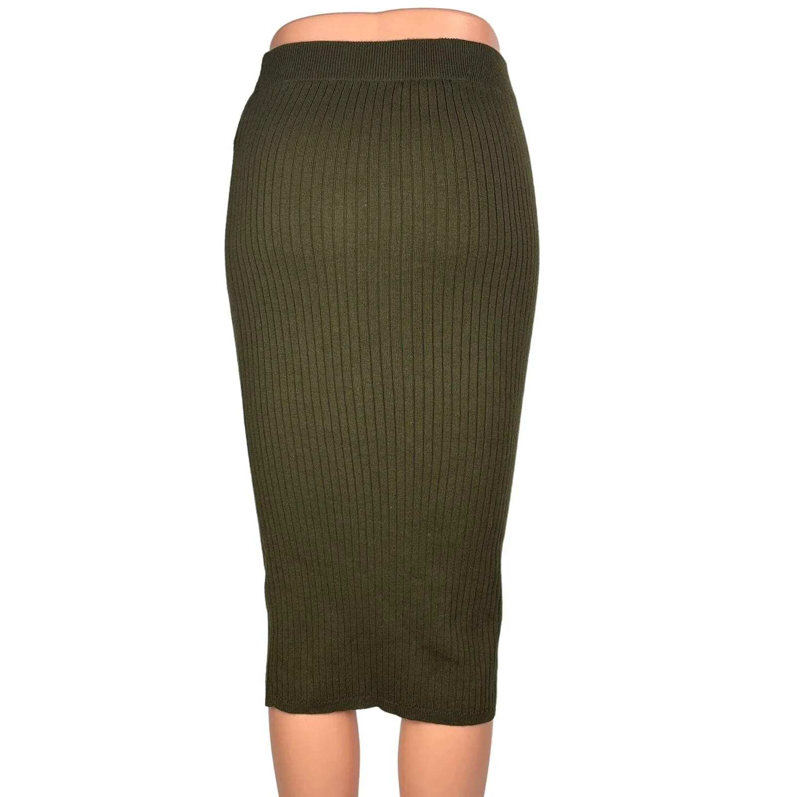 Forever 21 Olive Green Cotton Sweater Rib High Waist Midi Pencil Skirt Size S - Image 3