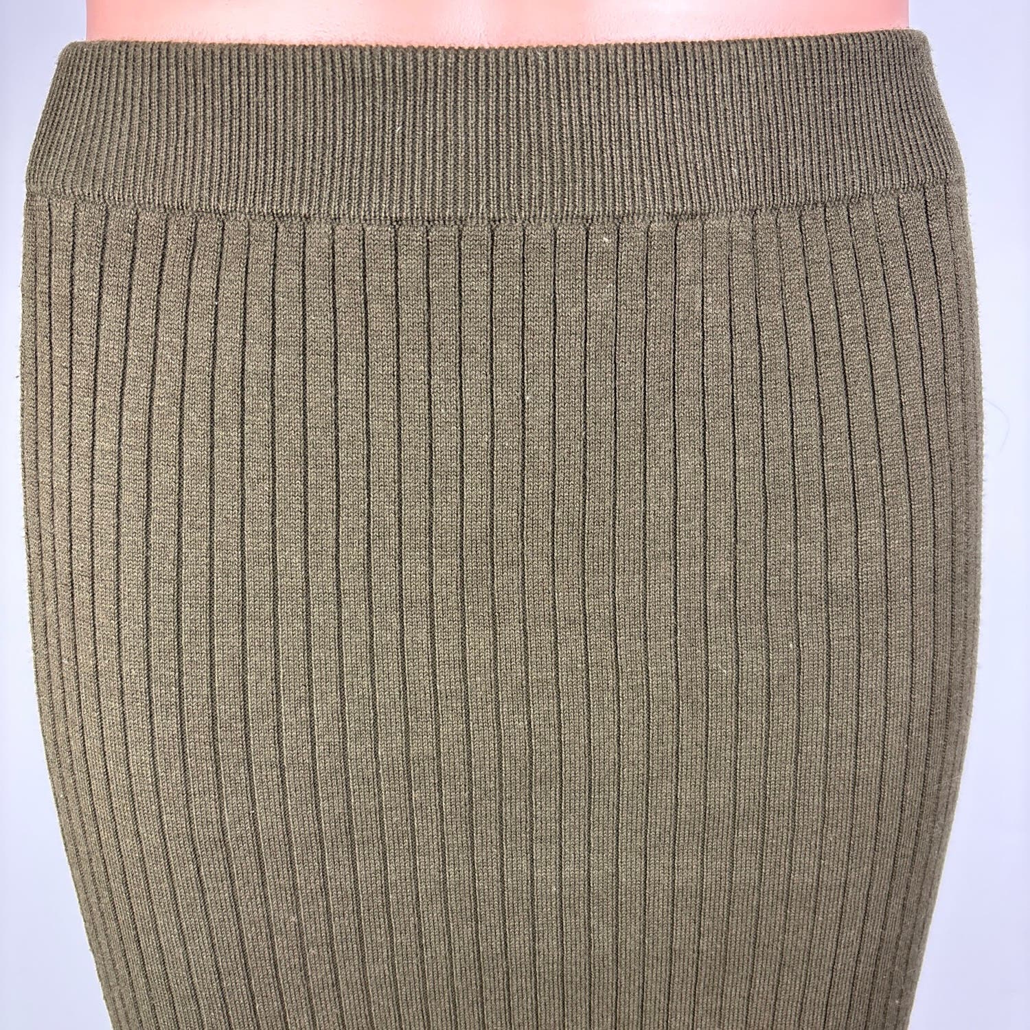 Forever 21 Olive Green Cotton Sweater Rib High Waist Midi Pencil Skirt Size S - Image 4