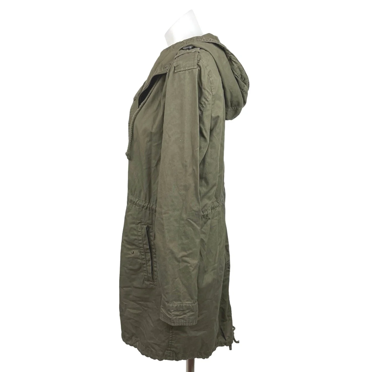 Forever 21 Olive Green Zip Up Snap Button Hooded Drawstring Utility Jacket Sz S - Image 2