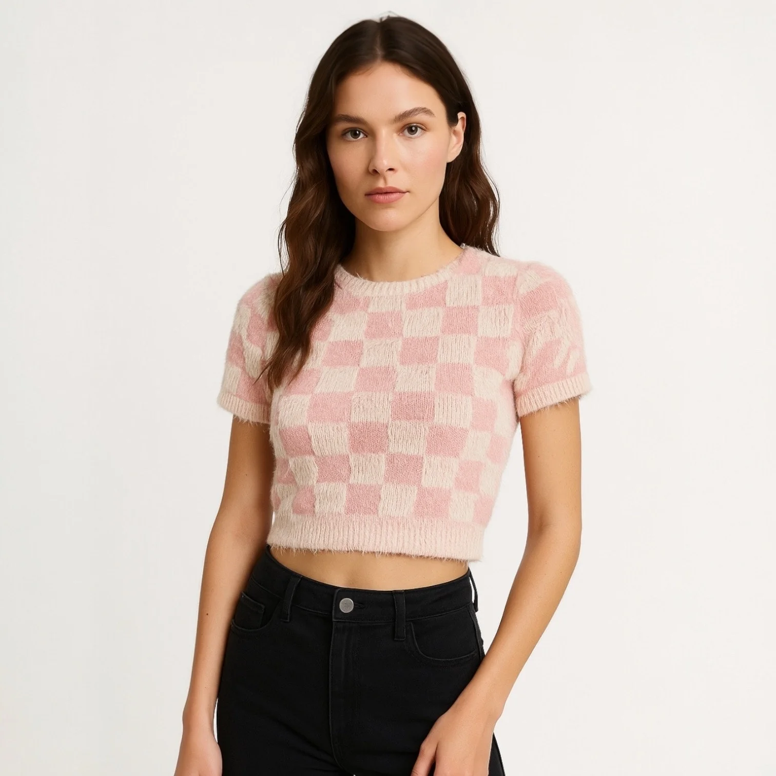 Forever 21 Pink White Checkered Plaid Faux Fur Short Sleeve Crop Sweater Top S - Image 2