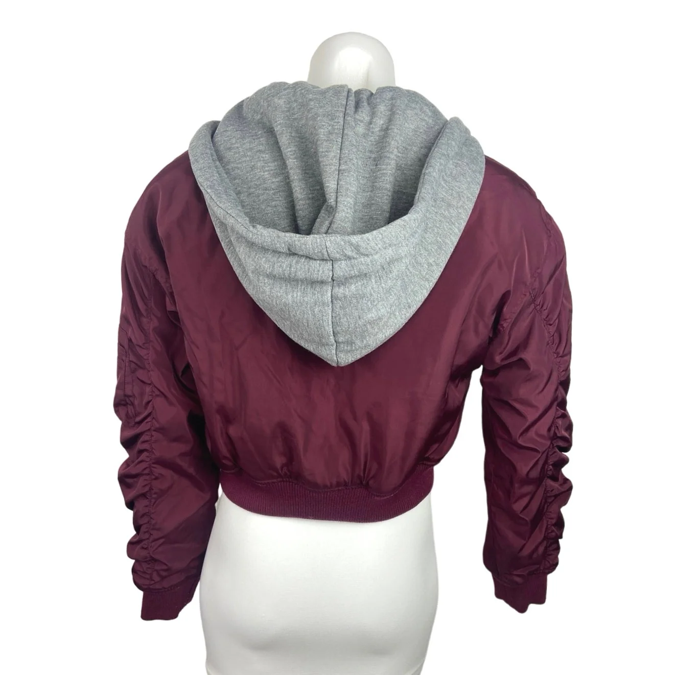 Forever 21 Red Gray Colorblock Full Zip Cropped Hooded Bomber Jacket Size S - Image 3