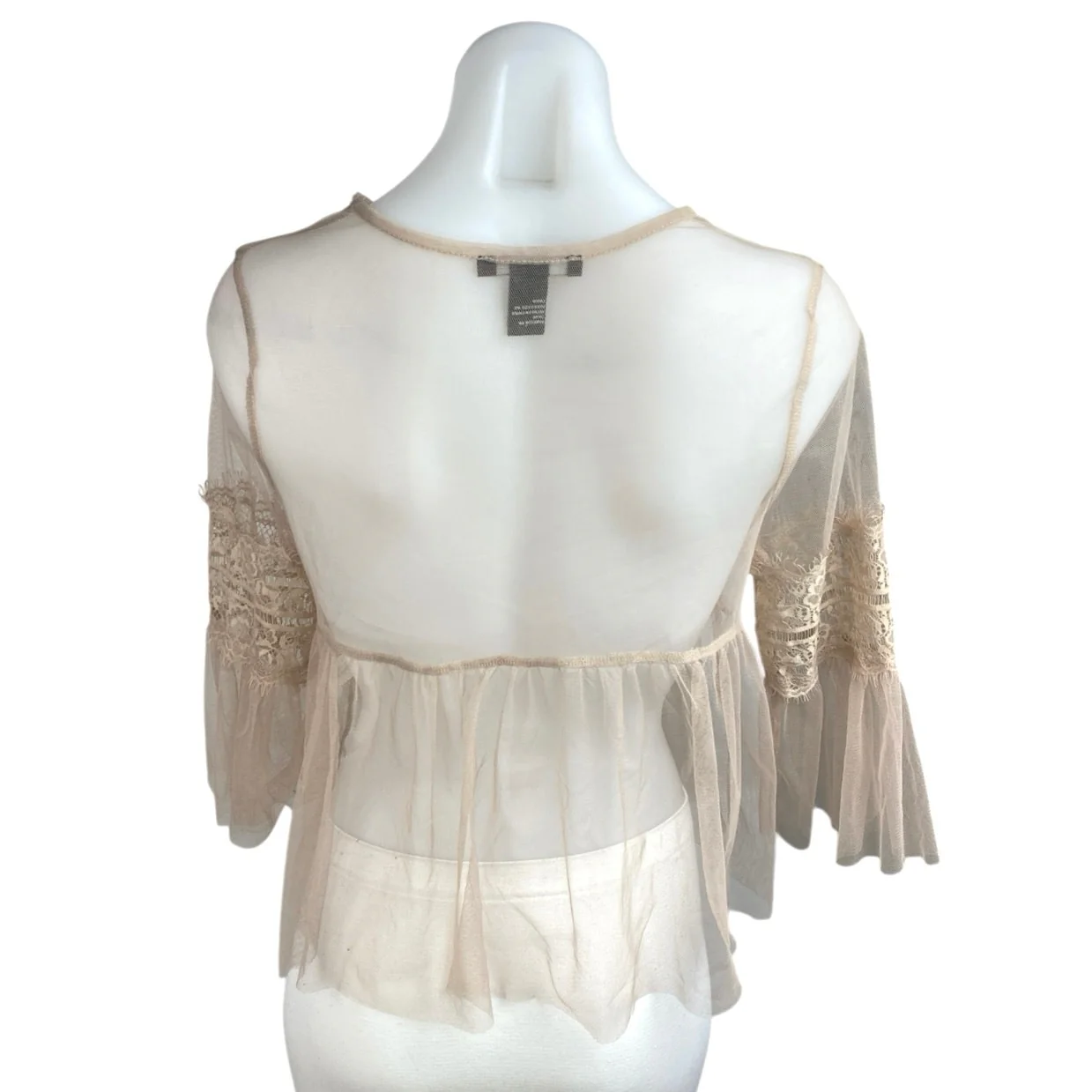 Forever 21 Tan Floral Lace Mesh Sheer Long Sleeve See Trough Blouse Top Size S - Image 2