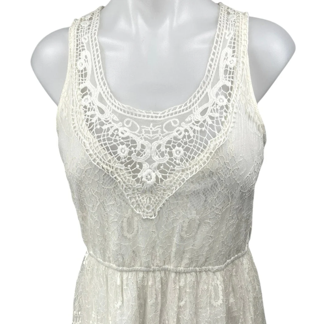 Forever 21 White Sleeveless Floral Lace Embroidered A Line Maxi Dress Size L - Image 3