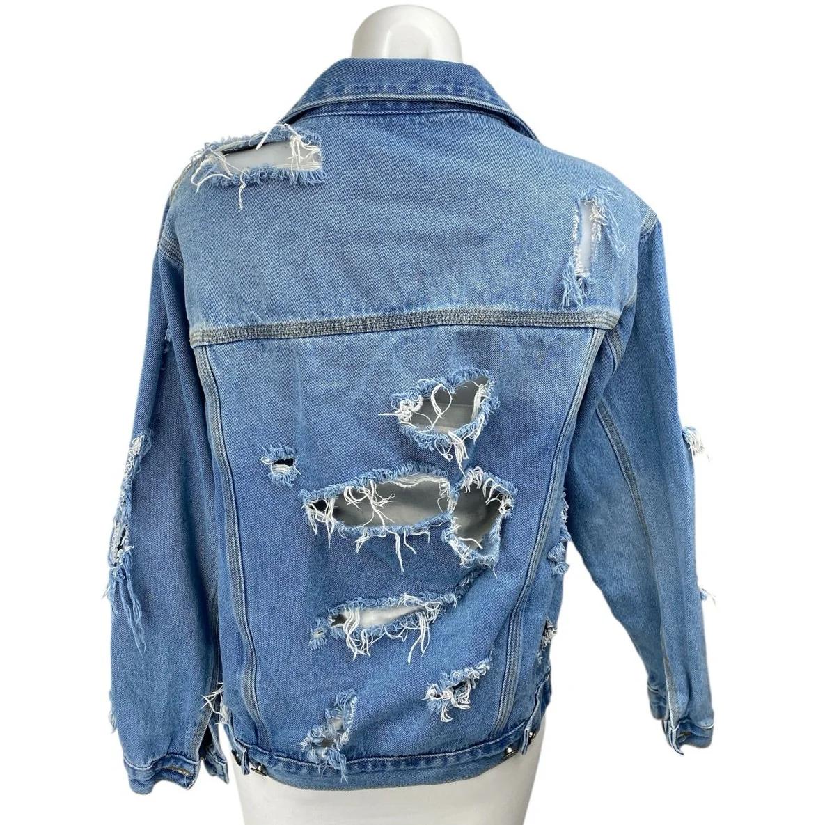 Forever 21 Women Blue Long Sleeve Distressed Button Up Denim Jean Jacket Size S - Image 2