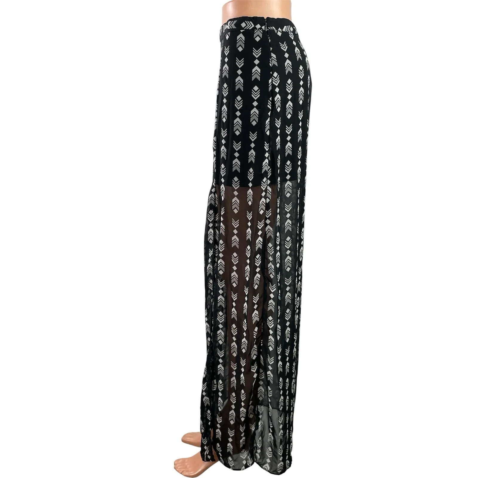 FOREVER 21 Women's Black White Geometric Print Boho Sheer Slit Maxi Skirts Sz M - Image 2