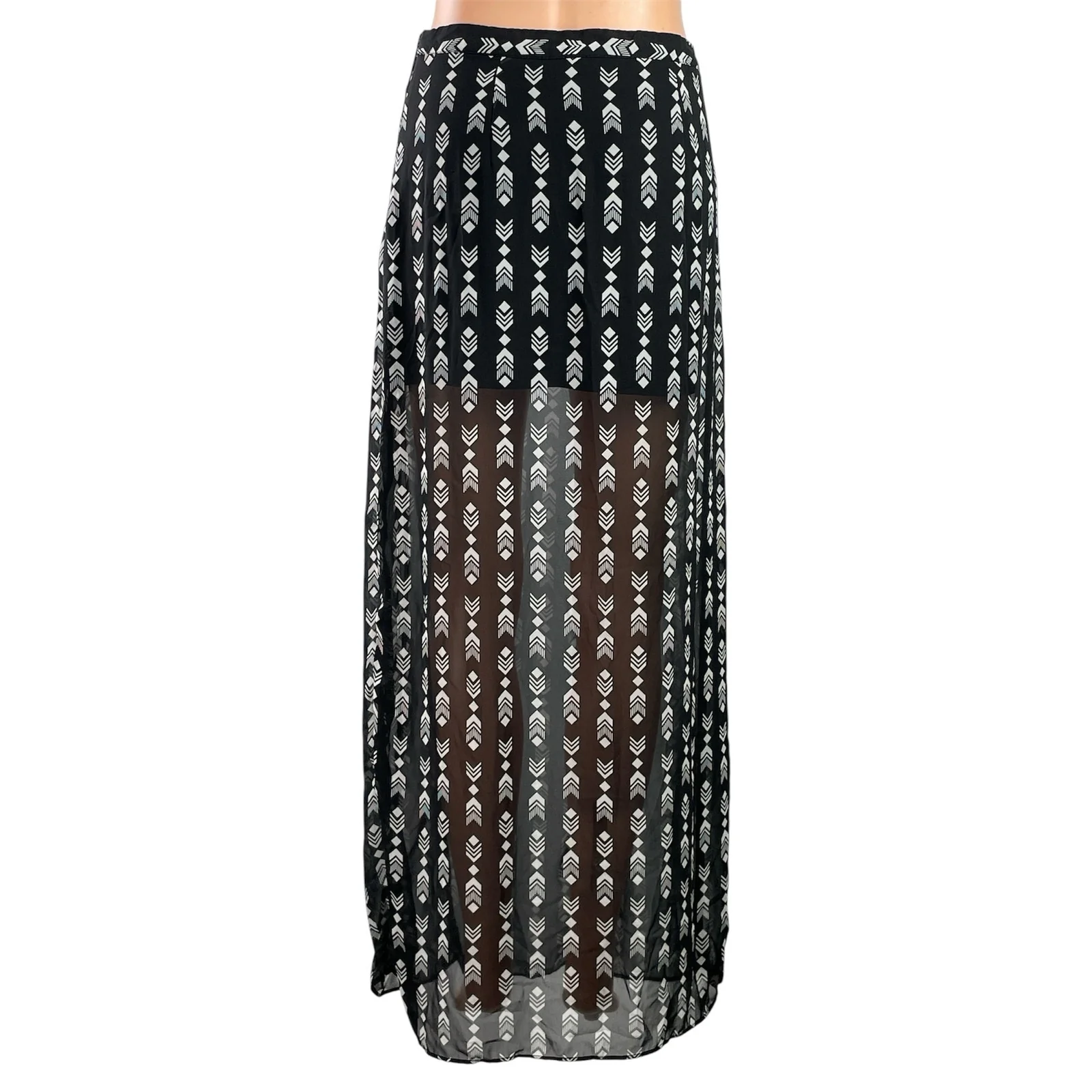 FOREVER 21 Women's Black White Geometric Print Boho Sheer Slit Maxi Skirts Sz M - Image 3