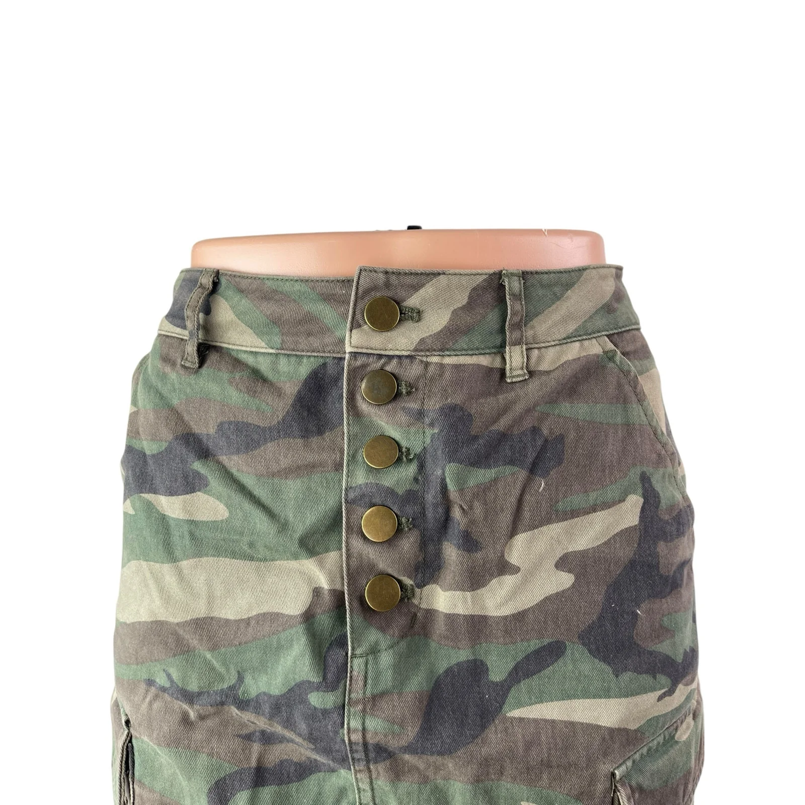 Forever 21 Women's Green Camo Army Military Button Fly Denim Jean Skirt Size S - Image 4
