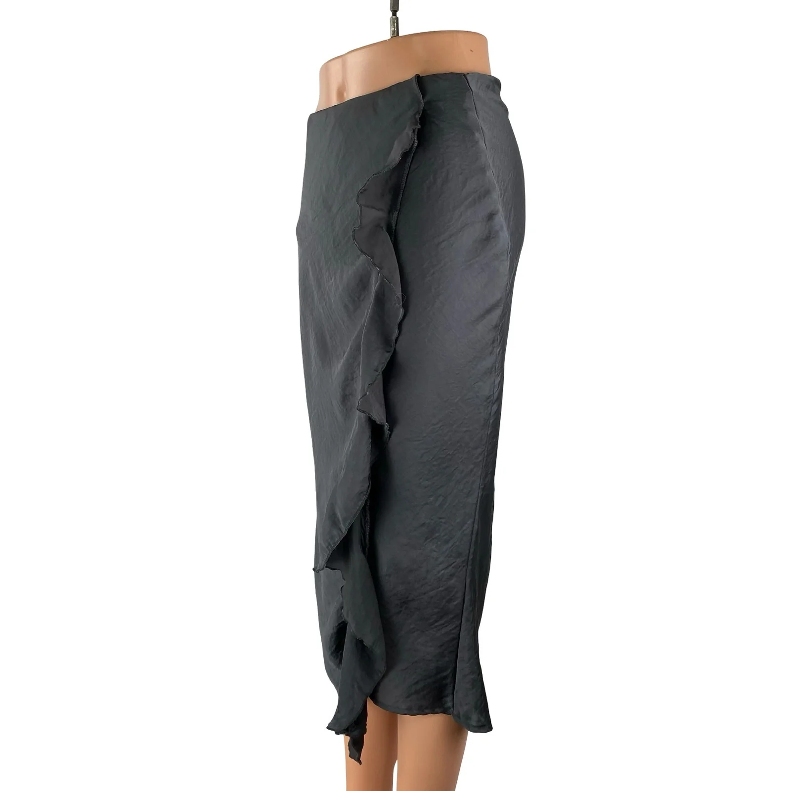 Forgotten Grace Gray Silk Satin High Waist Ruffle Pencil Flare Midi Skirt Sz XS - Image 2