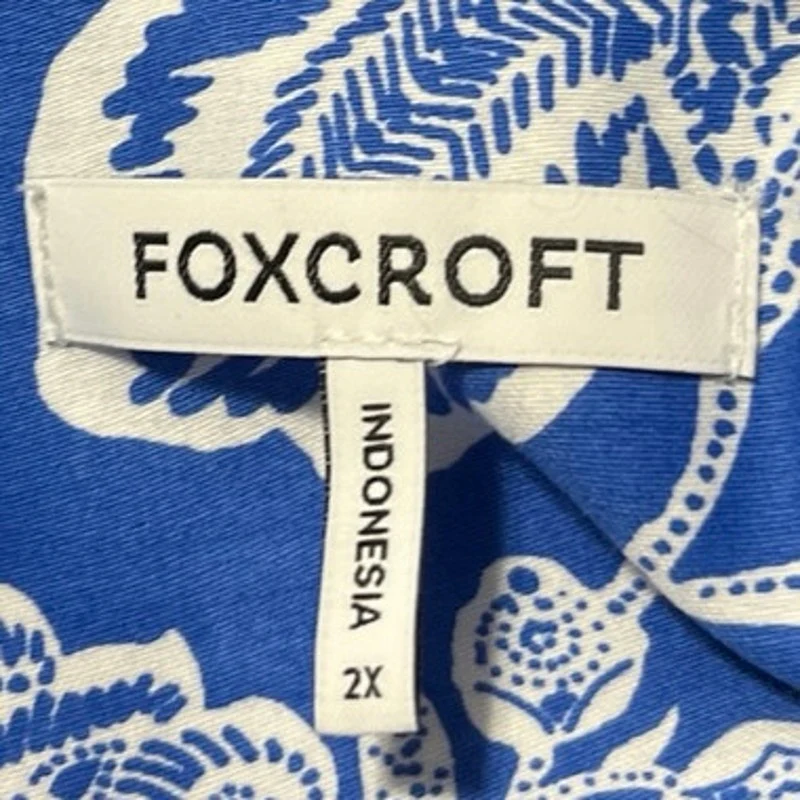 Foxcroft Marina Blue White Floral Long Sleeve Button Down Pocket Shirt Top Sz 2X - Image 4