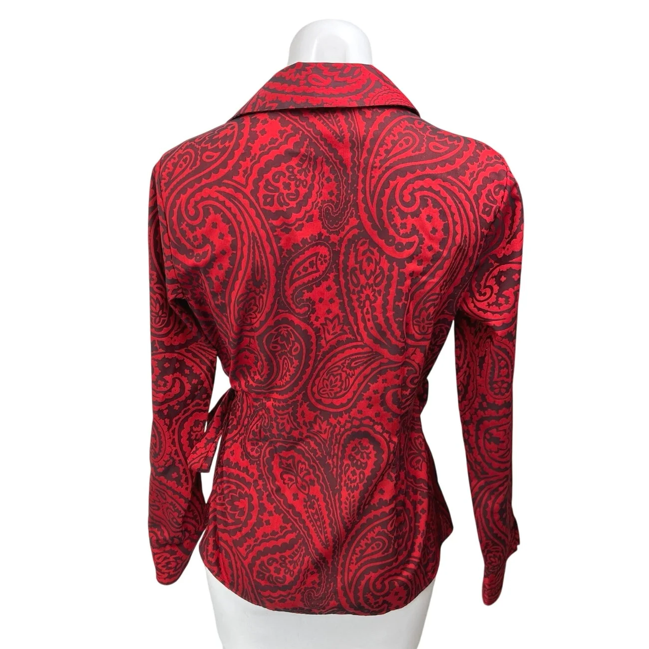 Foxcroft Salina Red Black Paisley Jacquard Long Sleeve Wrap Tie Blouse Top Sz S - Image 2