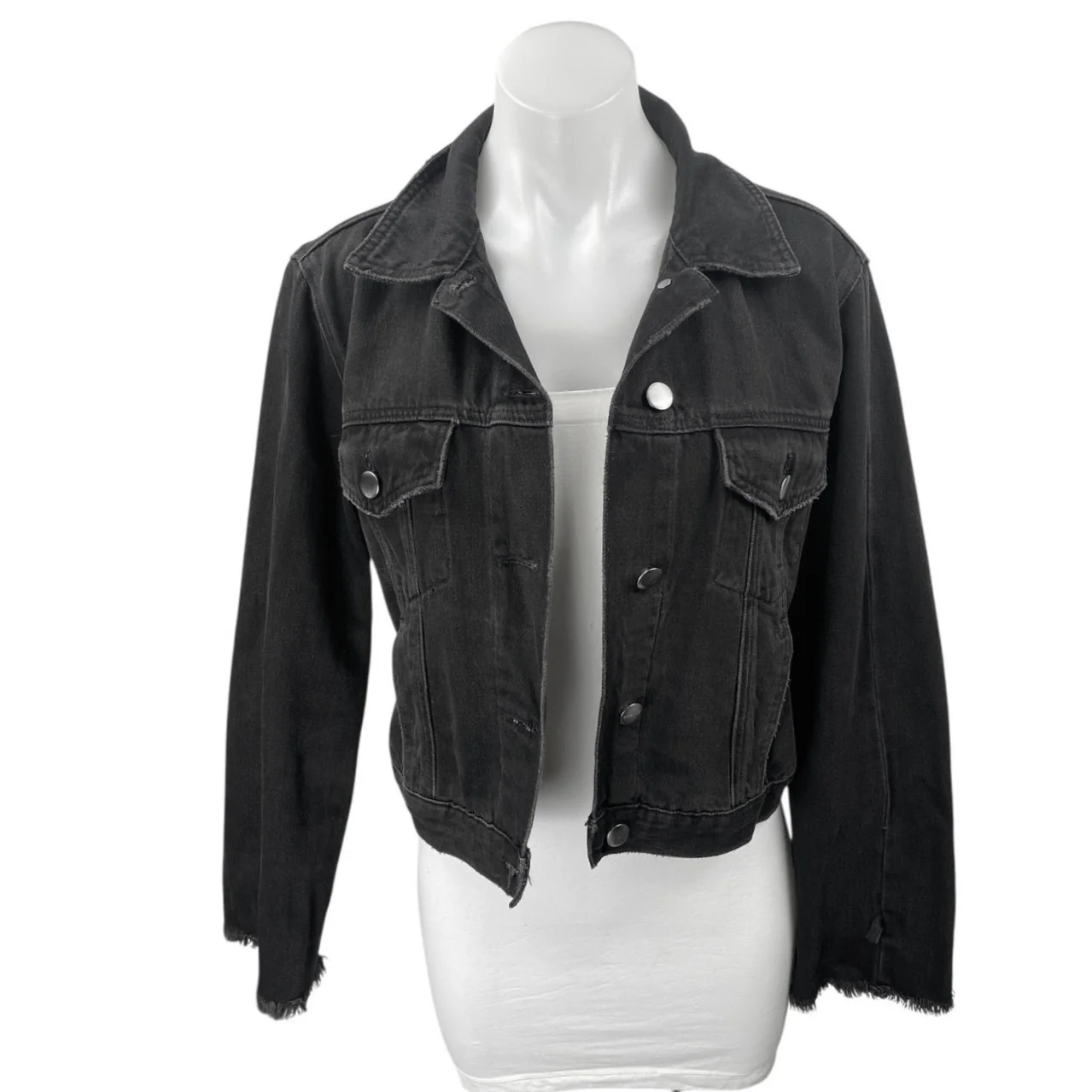 Frame Women's Black Frayed Long Sleeve Button Down Cropped Denim Jacket Size XS