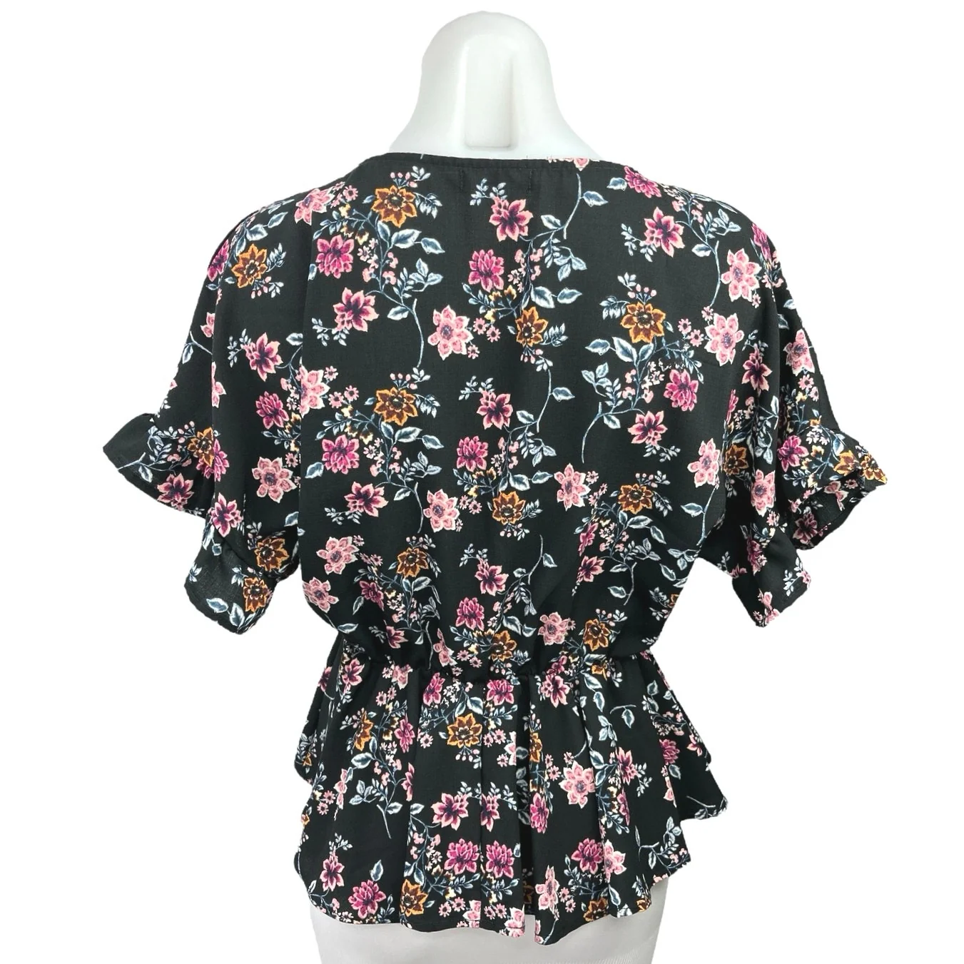 Francesca's Mi Ami Black Floral Faux Wrap V-Neck Ruffle Peplum Blouse Top Sz XS - Image 2