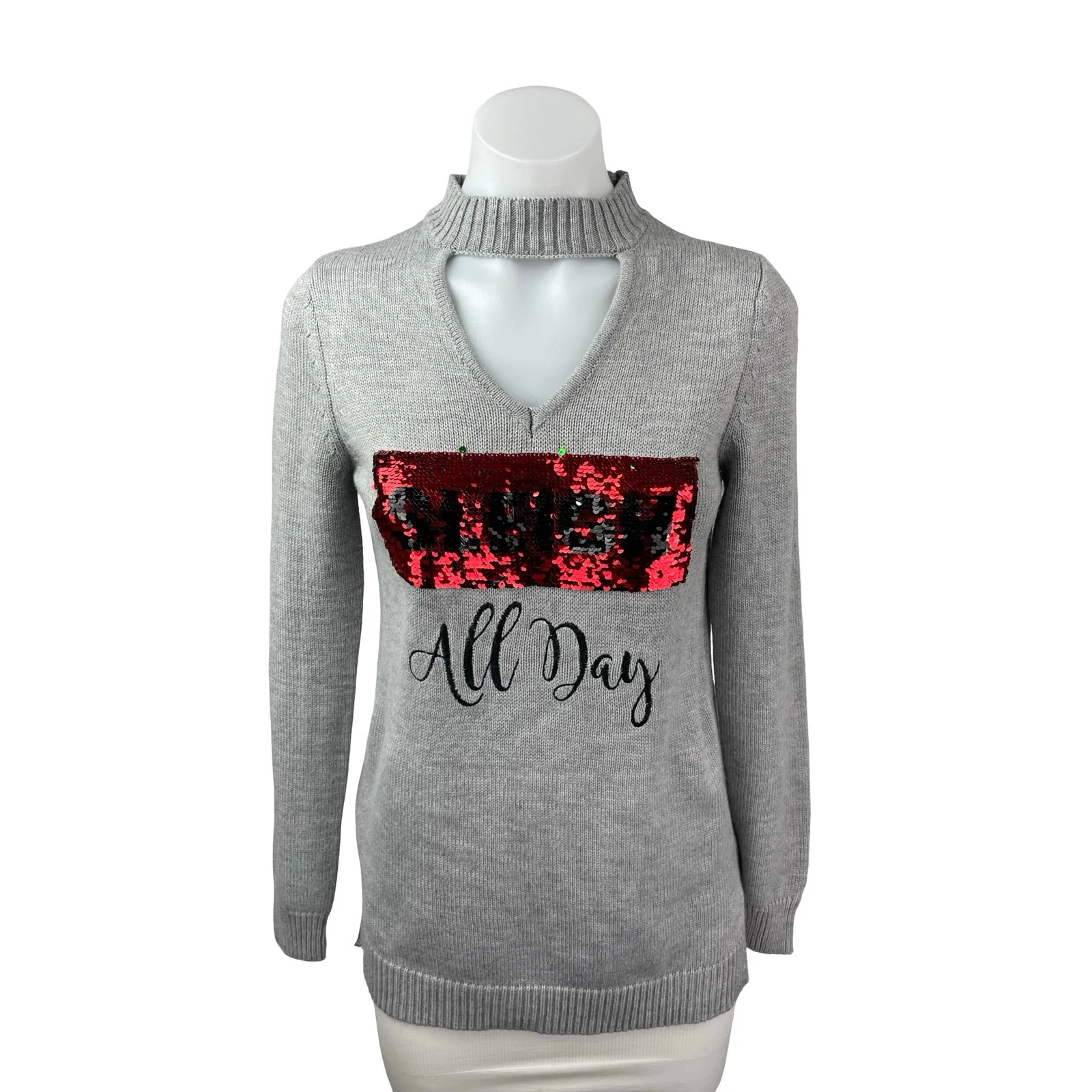 Francesca's Women's Gray Reversible Sequin Mock Neck Cutout Sweater Top Size M - Image 3