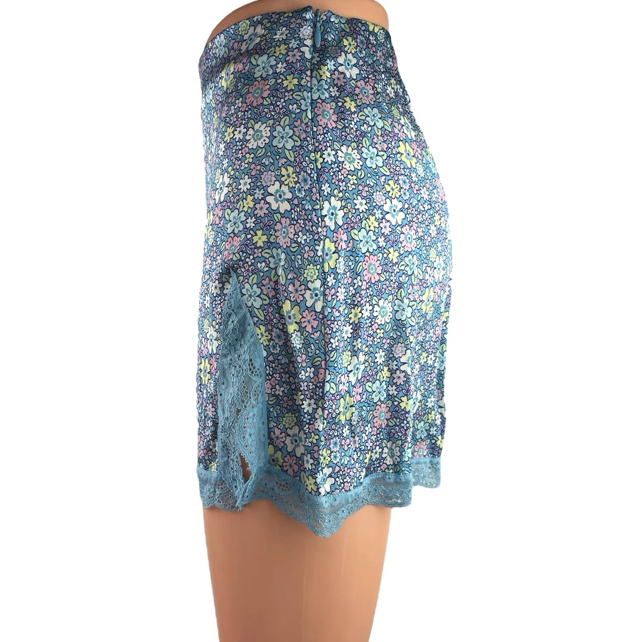 Frankies Bikinis Blue Lace Silk Satin Floral Print Mini Casual Pencil Skirt XS - Image 2