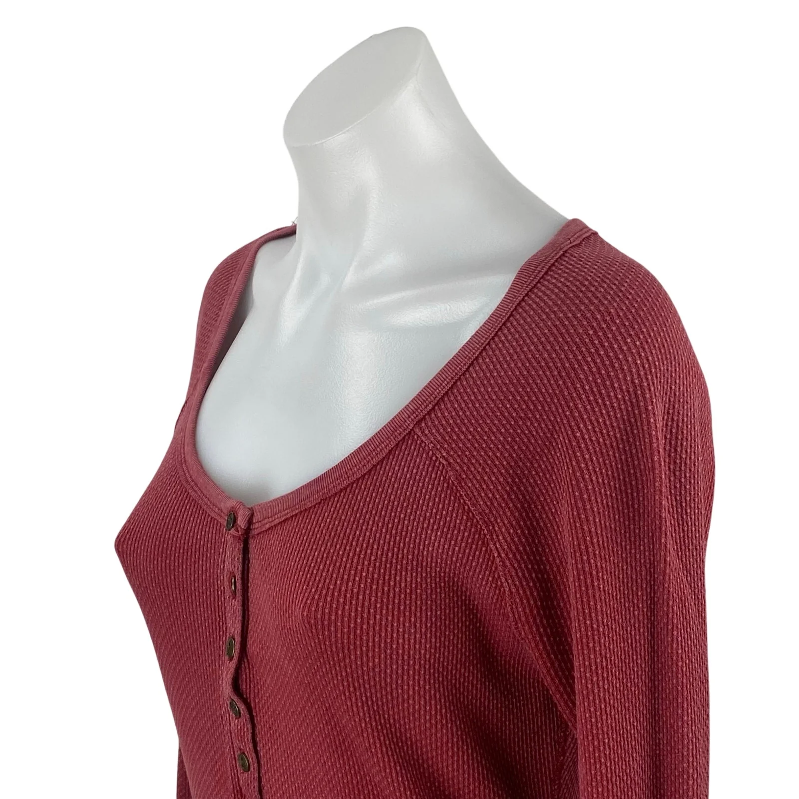 Free People Alpine Cuff Red Long Sleeve Henley Waffle Knit Thermal Sweater Top M - Image 2