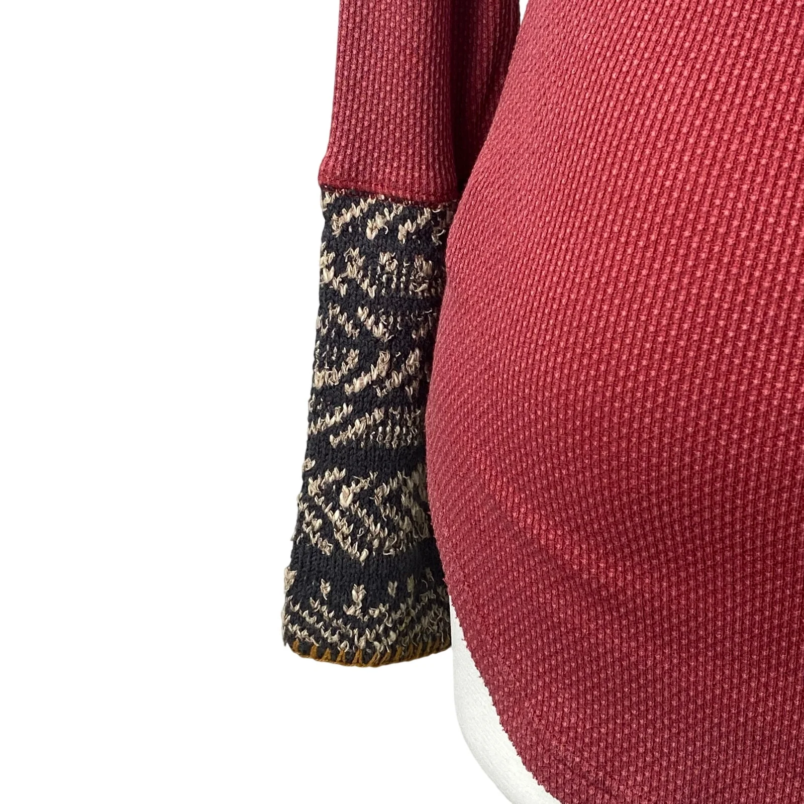 Free People Alpine Cuff Red Long Sleeve Henley Waffle Knit Thermal Sweater Top M - Image 4