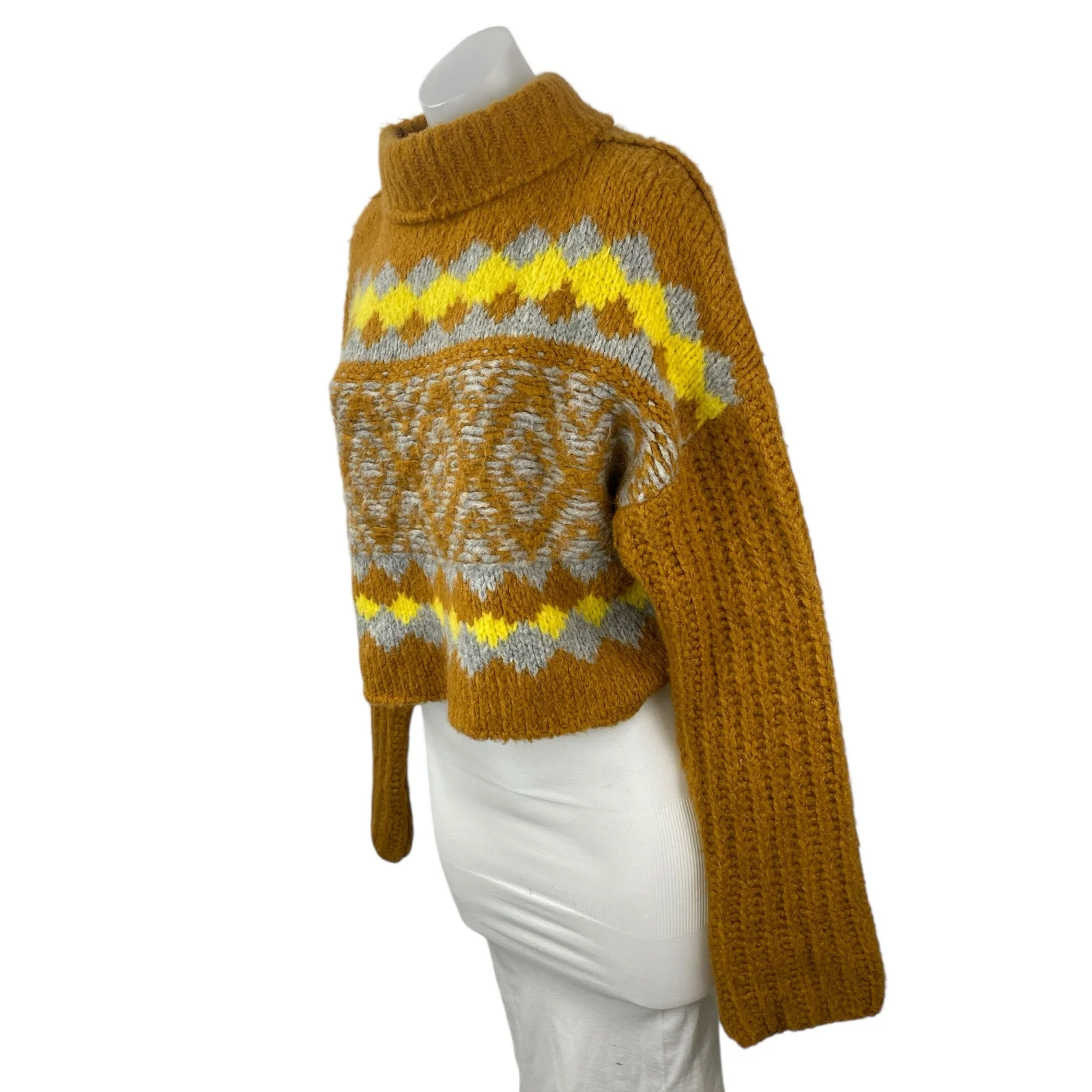 Free People Alpine Tan Wool Argyle Ribbed Mock Neck Cropped Sweater Top Size XS - Image 3