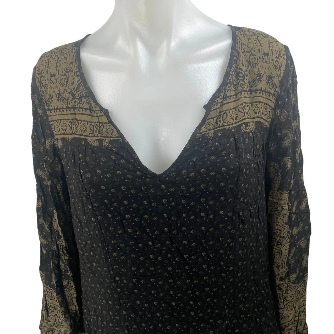 Free People Black Beige Floral Long Bell Sleeve V Neck Mini Tunic Dress Size XS - Image 3