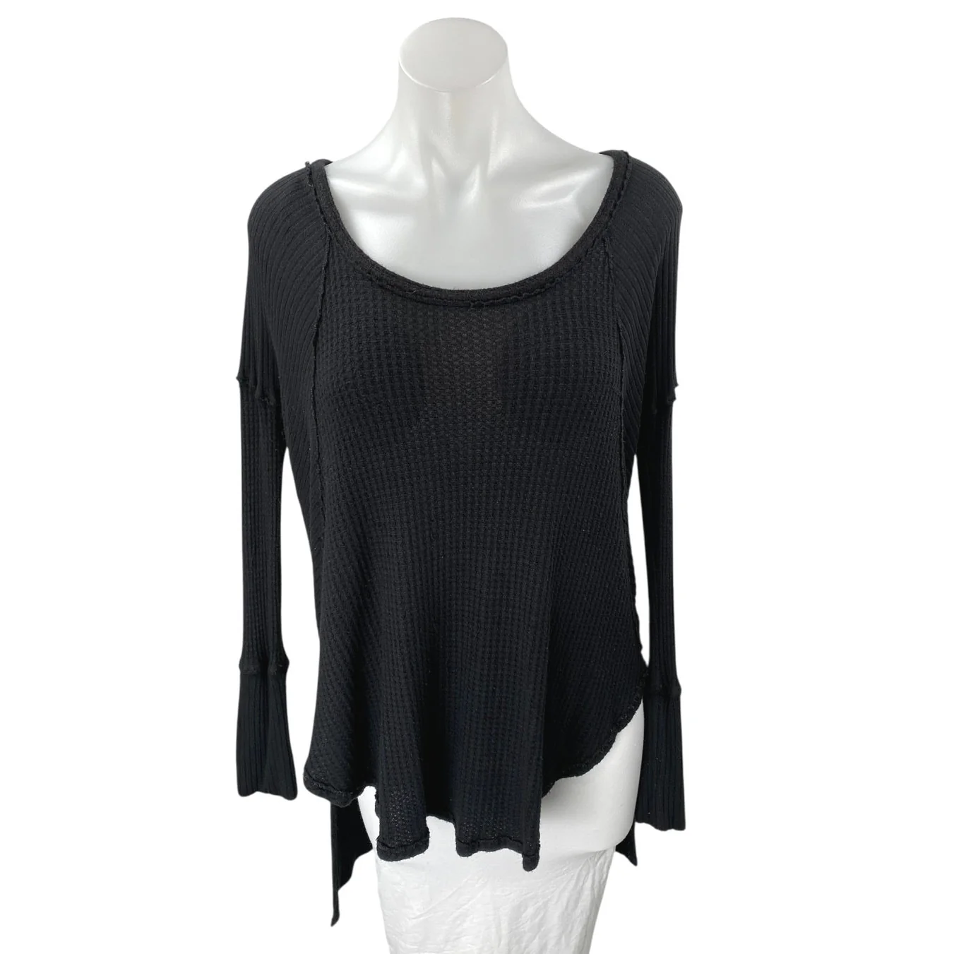 Free People Black Long Sleeve Waffle Knit Thermal Scoop Neck Sweater Top Size M