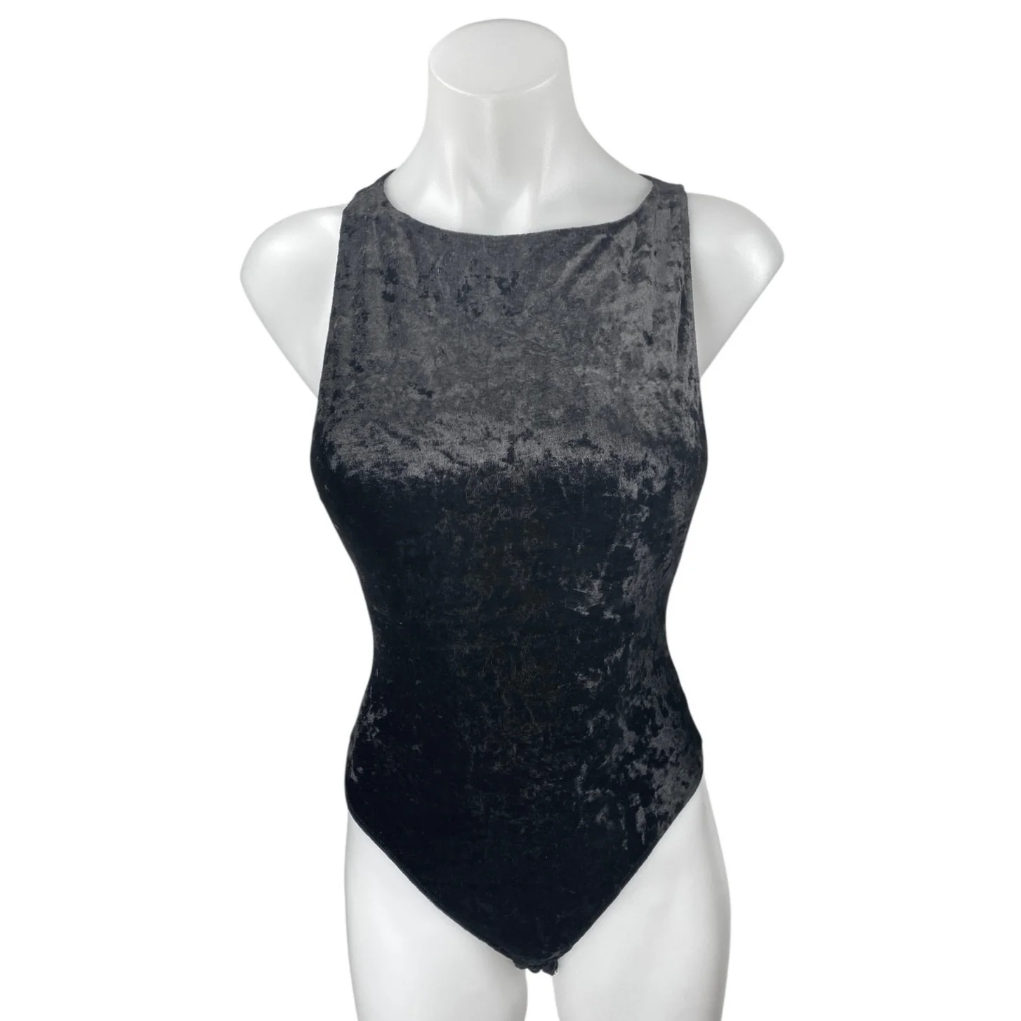 Free People Black Velvet Velour Sleeveless High Neck Tank Thong Bodysuit Top XS