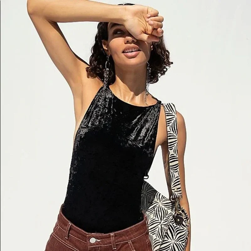 Free People Black Velvet Velour Sleeveless High Neck Tank Thong Bodysuit Top XS - Image 3