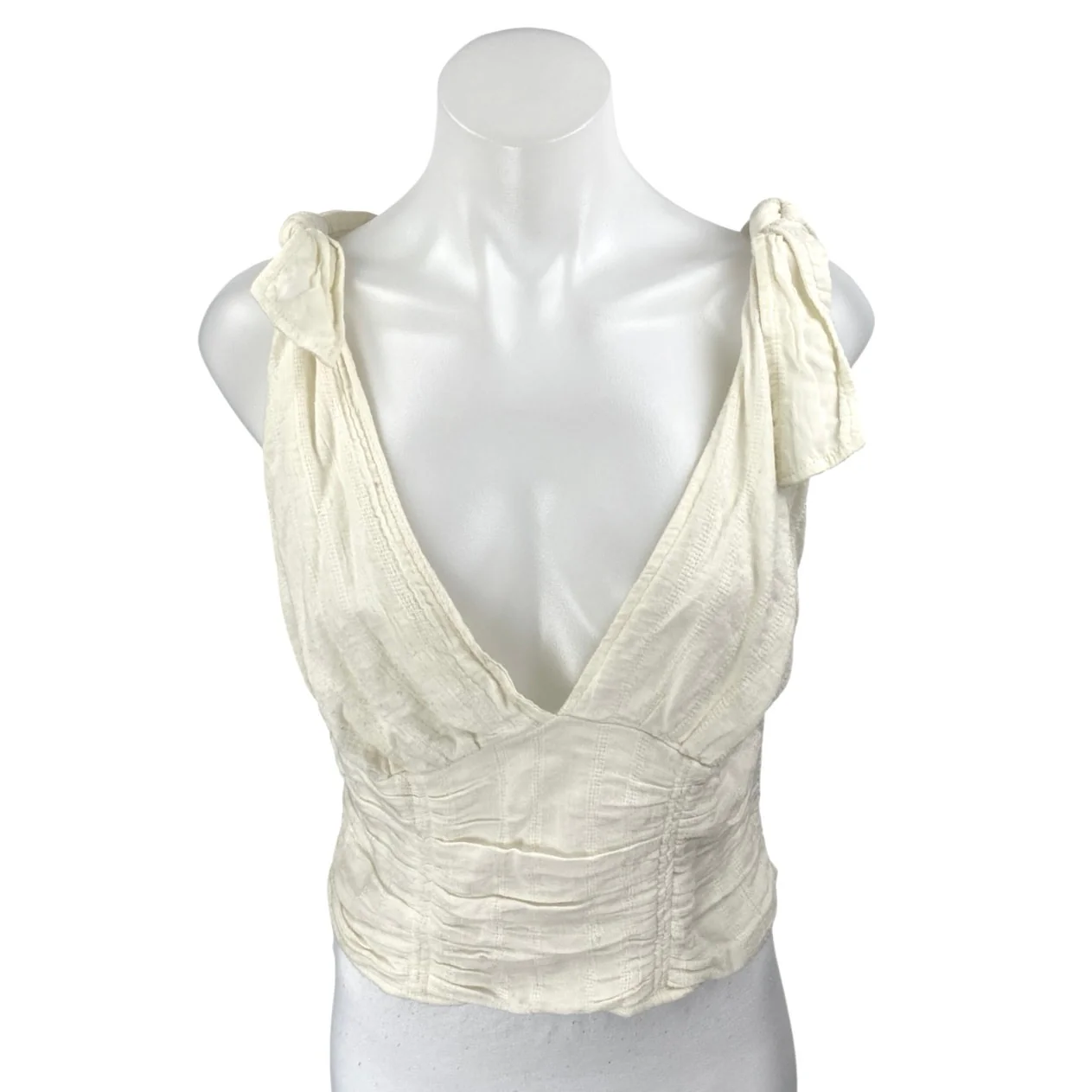 Free People Cream White Sleeveless V-neck Tie Shoulder Smocked Crop Tank Top M