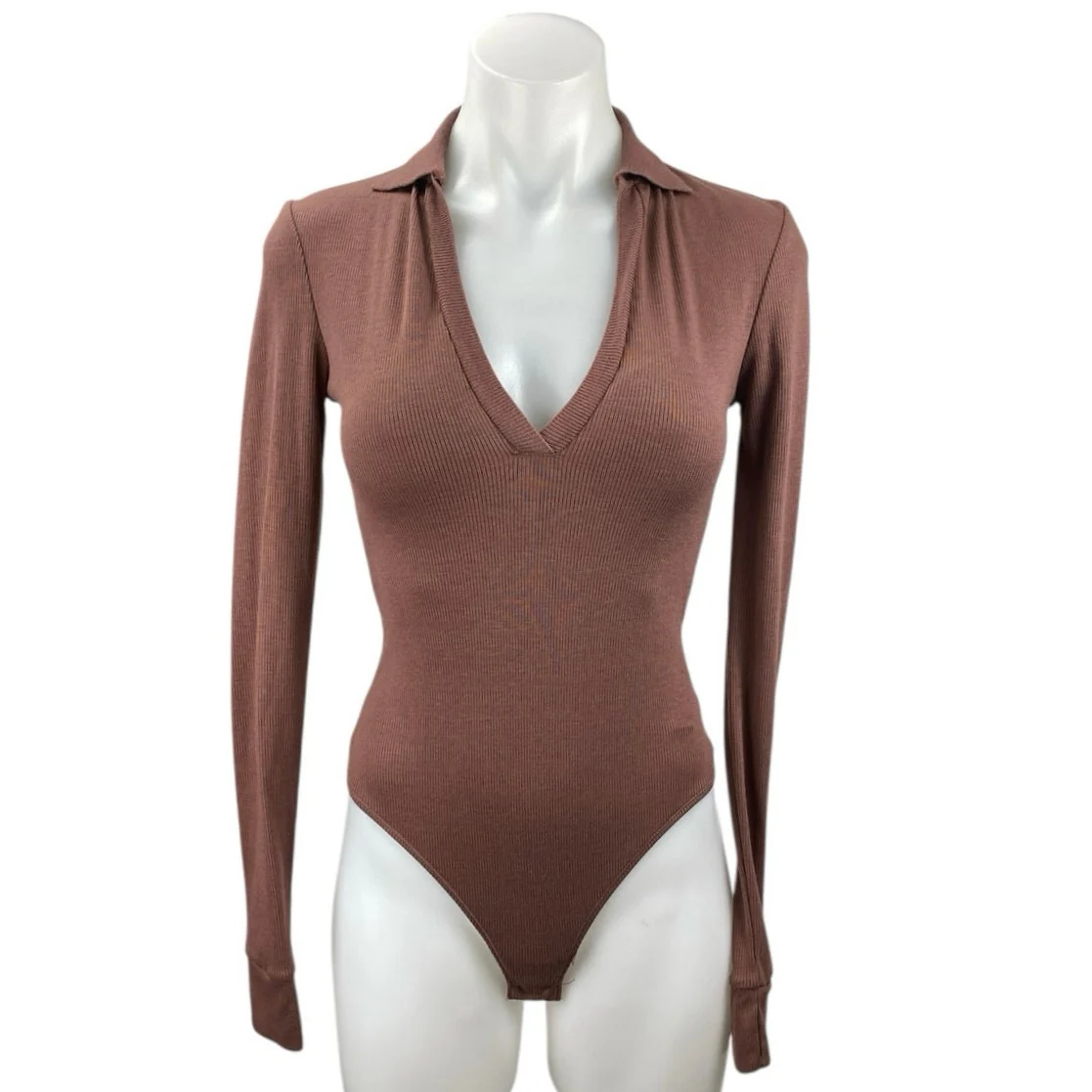 Free People Do It Right Women's Brown Collared V Neck Long Sleeve Bodysuit Top S