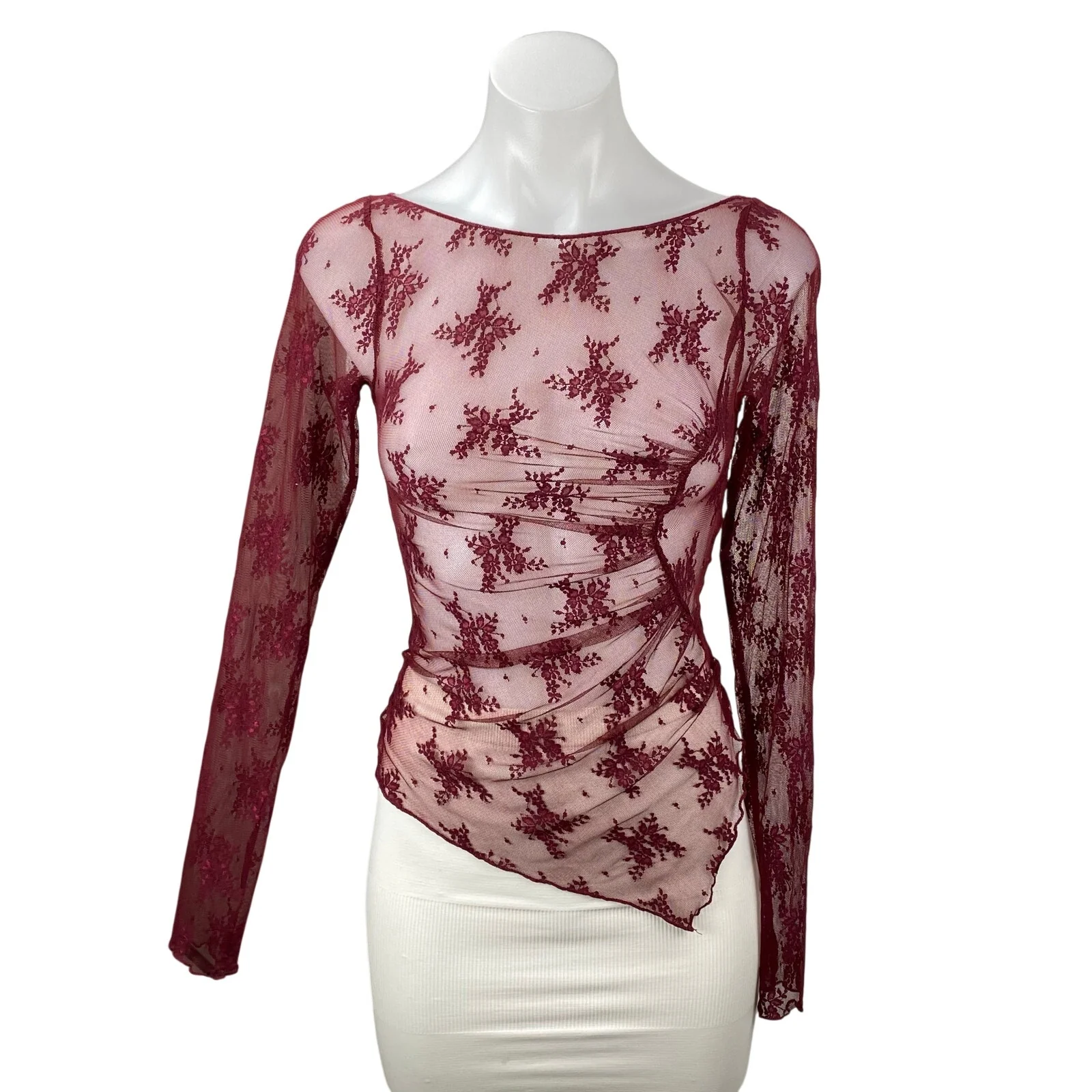 Free People Full Bloom Red Layering Mesh Sheer Lace Long Sleeve Blouse Top Sz XS